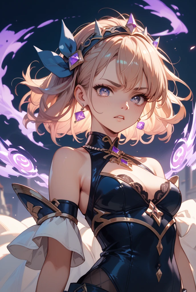 Close up, A beautiful young woman with a determined look posing with her intimidating powers on display, long flowing blonde and purple hair adorned with a intricatly detailed headpiece, wearing a battle tunic made of leather with flowing ribbons and chains laced with intricate details and gems. guild wars. (Large breasts), a battle mage wielding fire and ice powers, floating in the air in a epic battle amidst a realistic crumbling city caught in an apocalyptic event. Winged demons attack appearing through portals. Masterpiece, ((highly detailed)), 4k. Epic and dynamic lighting with deep shadows and highlights from magical powers.