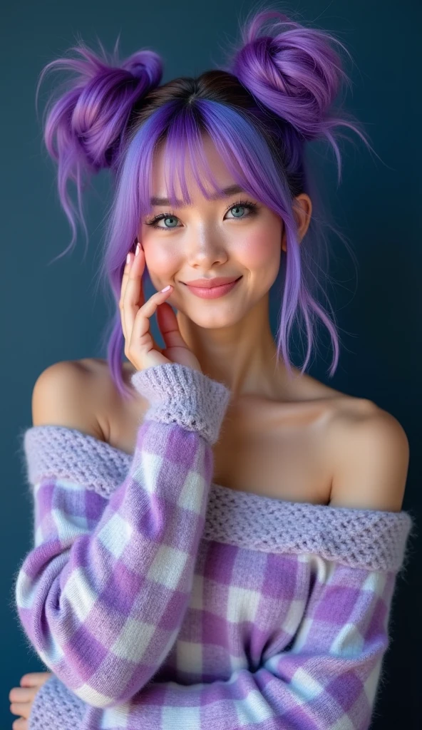 bedhead, rainbow colored hair, multi colored turtleneck sweater, big breasts, vivid colors, color: spectrum, bedroom, smile, boob window