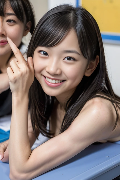 Cute Girl,Japanese,Full-body display、Standing facing forward、masterpiece、８K、(Girl who looks 6 years old:1.2),(Lori:1.2),（White sports bra:1.4), (White panties:1.2), (Black Hair),Ponytail with bangs、Beautiful girls, cute,, High resolution, Super detailed, Fine details, Very detailed, The perfect ratio of four fingers to one thumb、Very detailedな目と顔, Sharp pupils,(Girl standing in classroom:1.2)。超High resolutionで,Cute smile, Cinematic Lighting,Quiet atmosphere、美しいFine details,Very detailedな目と顔、Ultra-wide angle shooting、(Laughing)
