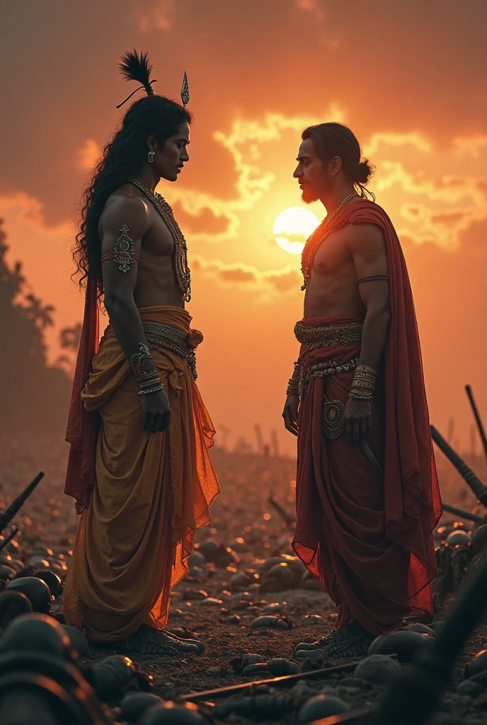 I'd like to see a variation of the image with Arjuna, one of the Pandavas, standing beside Lord Krishna, with a bow and arrow in hand, as if they are about to embark on a battle, set against a backdrop of a misty morning in the Kurukshetra warfield.