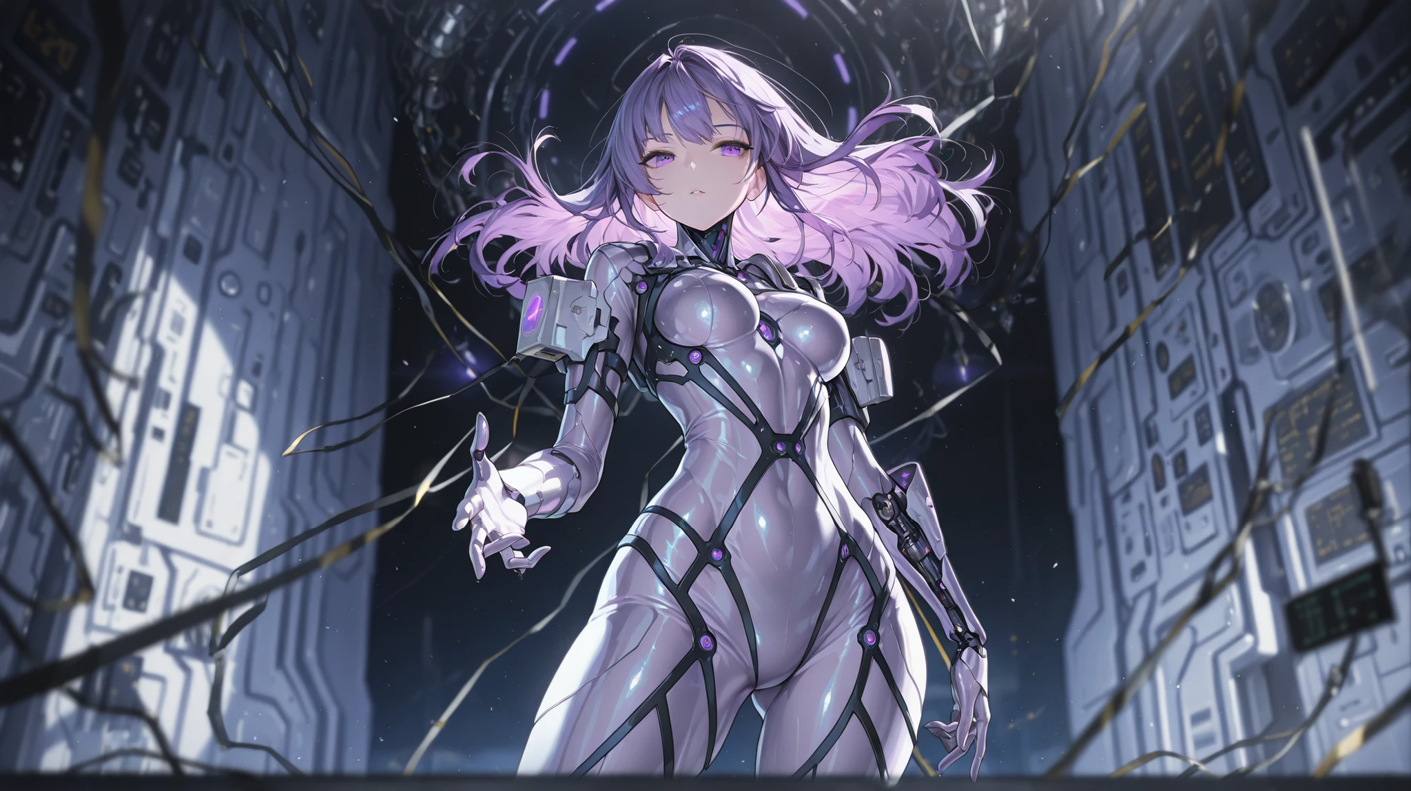 1girl, conjuring purple magic, serious glare, alien, small horns, purple alien tail, purple magic, natural breasts, sci-fi, white bodysuit, pauldrons, long sleeves, light-purple hair, dark cave, masterpiece quality, ultra HD, 4K, best quality,