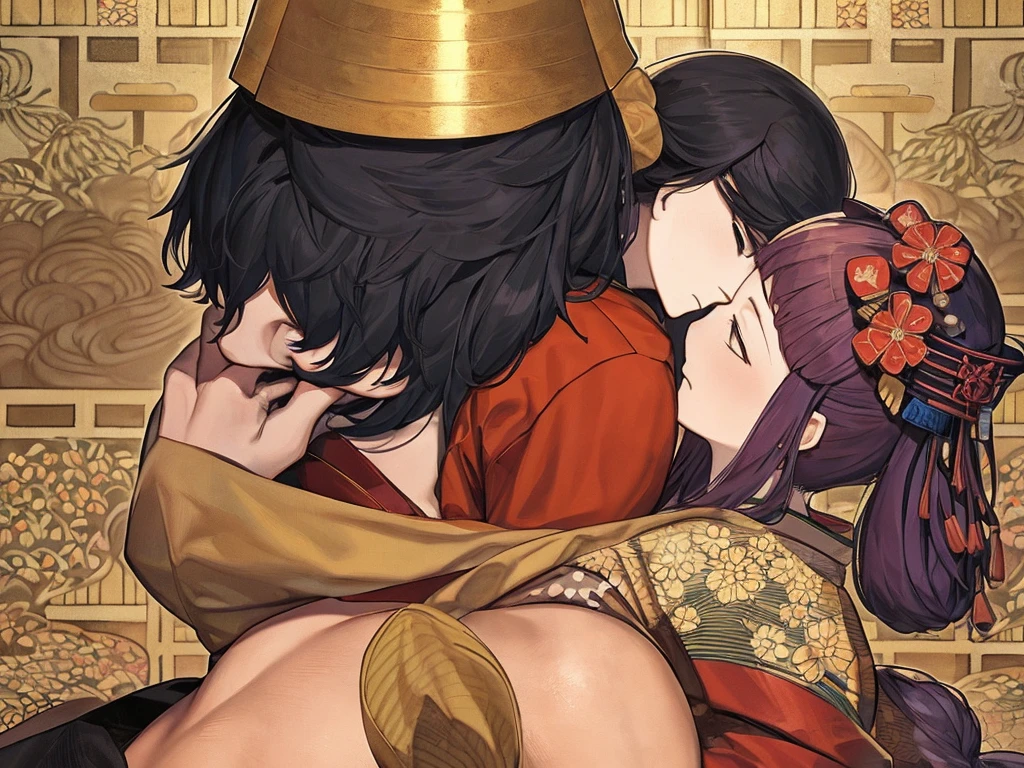dp, creampie, dali69, vaginal, sex, double penetration, tamayo (demon slayer), purple eyes, black hair, flower kimono