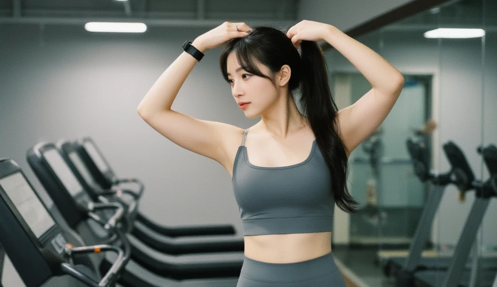 Armpit close up、Bust Shot、Black leotard、sports gym、Sweaty、Sideboob、From the side