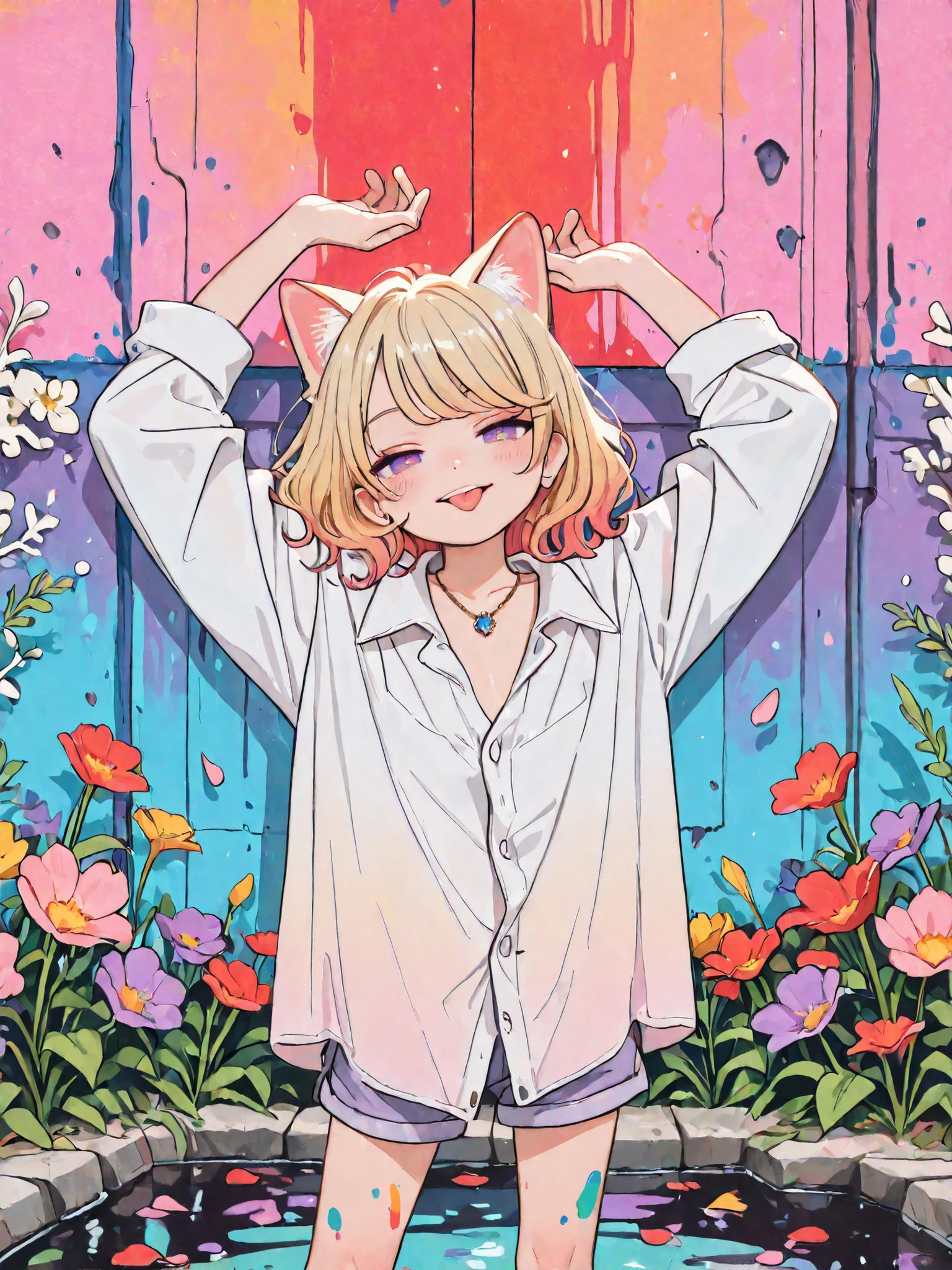 ((Masterpiece)), ((best quality, amazing quality)), (wide shot), ((very aesthetic, absurdres, newest, detailed background)), (Intense backlighting), ((1girl)), Cute young Girl, (Healthy Gaunt body, Textured skin, small breast, tilt head), unruly hair, (beautiful blond hair, gradient hair, red color Hair Tip), (loose swept bangs, wavy hair), open mouth wide, sticking out tongue, (seductive smile), blush, (cute cheeks), glossy lips, pouty lips, (lower eyelashes), Beautiful collarbone, BREAK, (stretch out both arms and hands, stretch arms up), (slightly exposed cleavage), cat ears, (pale purple eyes, gradient eyes), ((loose buttoned shirt, collared shirt, thin shirt)), wearing cute shorts, put on Fine gemstone necklace, (standing against the Colorful pastel wall, legs apart), petals, Beautiful colorful flower painting, Beautiful floral wall, Shallow pond, (watercolor texture, pencil lines),