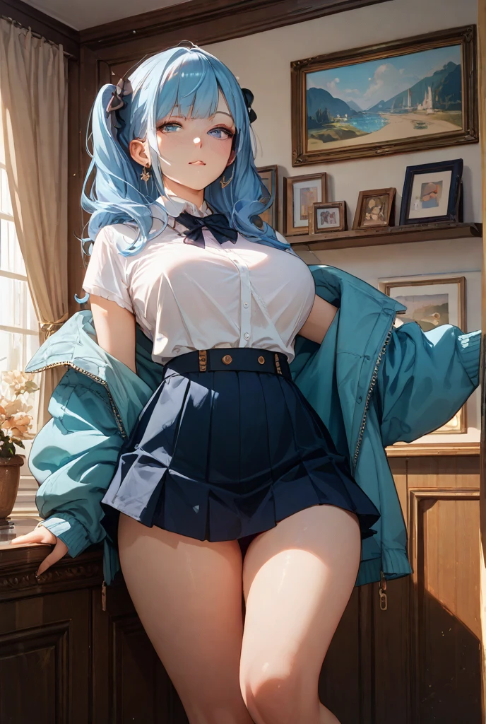 (masterpiece, best quality), 1girl, blue curly hair, crop top, pleated skirt, bedroom, striped thighhighs, cleavage, wide hips, hourglass figure,