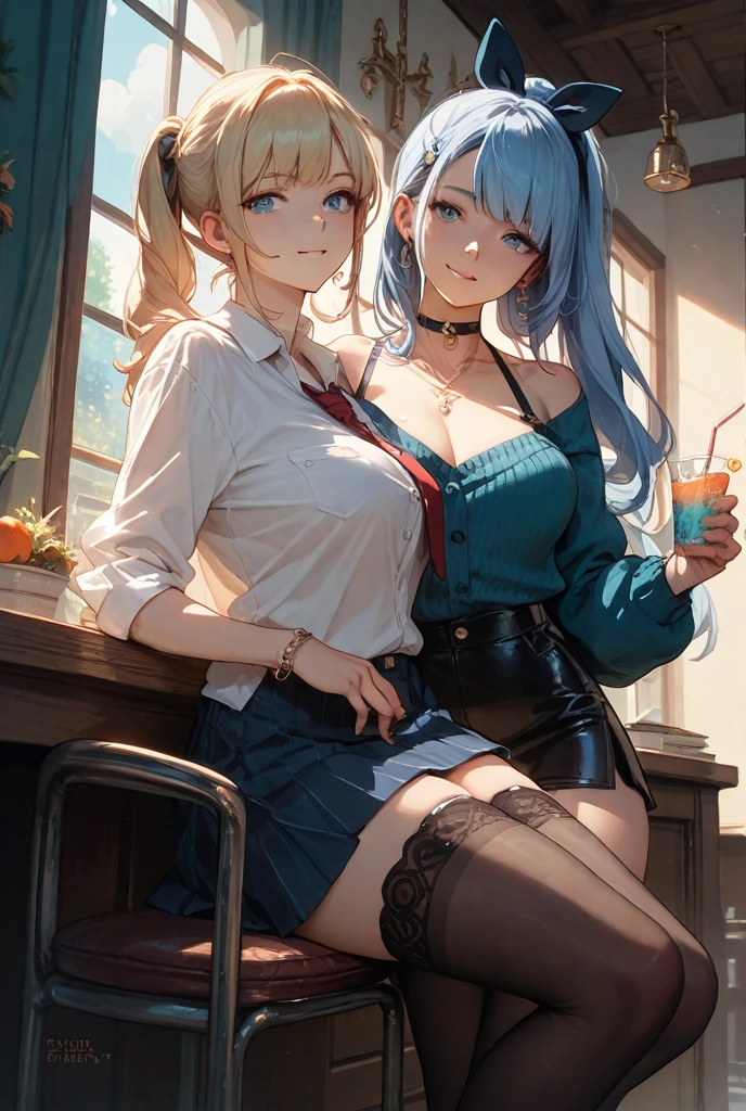 (masterpiece, best quality:1.3), 3 womans, large breasts, tasset lingerie, female idol girls, cuddle couple, drinking, many hair styles, colored hair, colored eyes, smile, half-open mouth, pretentious face, standing, sweat, wet,