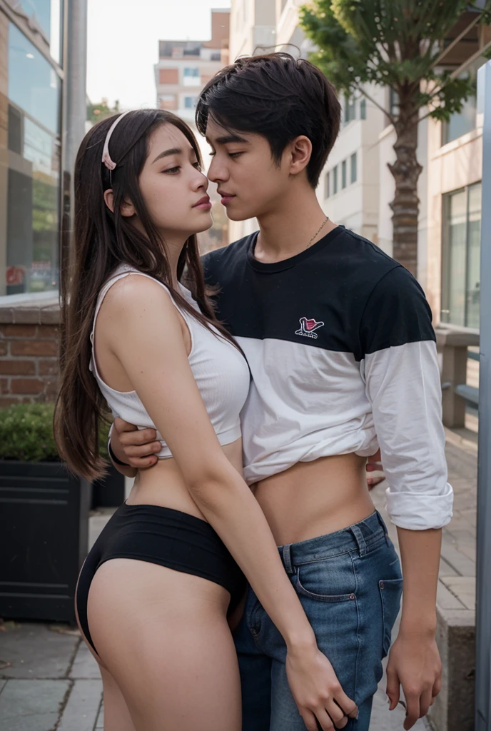 1 man, 1 woman, (male model hugging female model, kissing, intimate relationship: 1.2), Araff woman in pink top and jeans and handsome male model, Korean female fashion model, photo of slim girl model, wearing tight simple clothes, skinny waist and thick buttocks: 1.1, gorgeous young Korean woman wearing sexy cropped top in crop top with crop top Korean girl, casual dress style, 2 4 year old female model, beautiful Korean woman, HD, 16k, realistic, small round face: 1.0, realistic perfect face and skin, detailed beautiful glasses, double eyelids, long eyelashes, swollen eyes, realistic face and eyes, facial light, super detailed facial details, lip gloss, blush: 1.0, brand open crop top (pink, open V-neck, super realistic detailed clothes: 0.8, huge boobs: 1.5, perfect breasts and nipple bulge: 1.5), high-end brand skinny jeans ((super realistic detailed jeans: 0.6)), perfect big boobs, Perfect breasts, perfect waist, perfect buttocks, (enchanting, beautiful, sexy: 1.0), (round calves: 1.2), (white and tender toes: 1.2, wearing high-end designer crystal sandals (stiletto heels: 0.5)), realistic and stylish shawl hair, shoulder length: 1.0, smiling teeth: 1.0, handsome male model: 1.0, private shooting, private shooting, background ((super luxurious yacht, green venue, buffet table, swimming pool, poolside parasols and beach chairs)) , dating a male model: 1.2, dancing gracefully: 1.5, autofocus: 1.2, diverse poses, shooting full body: 1.5