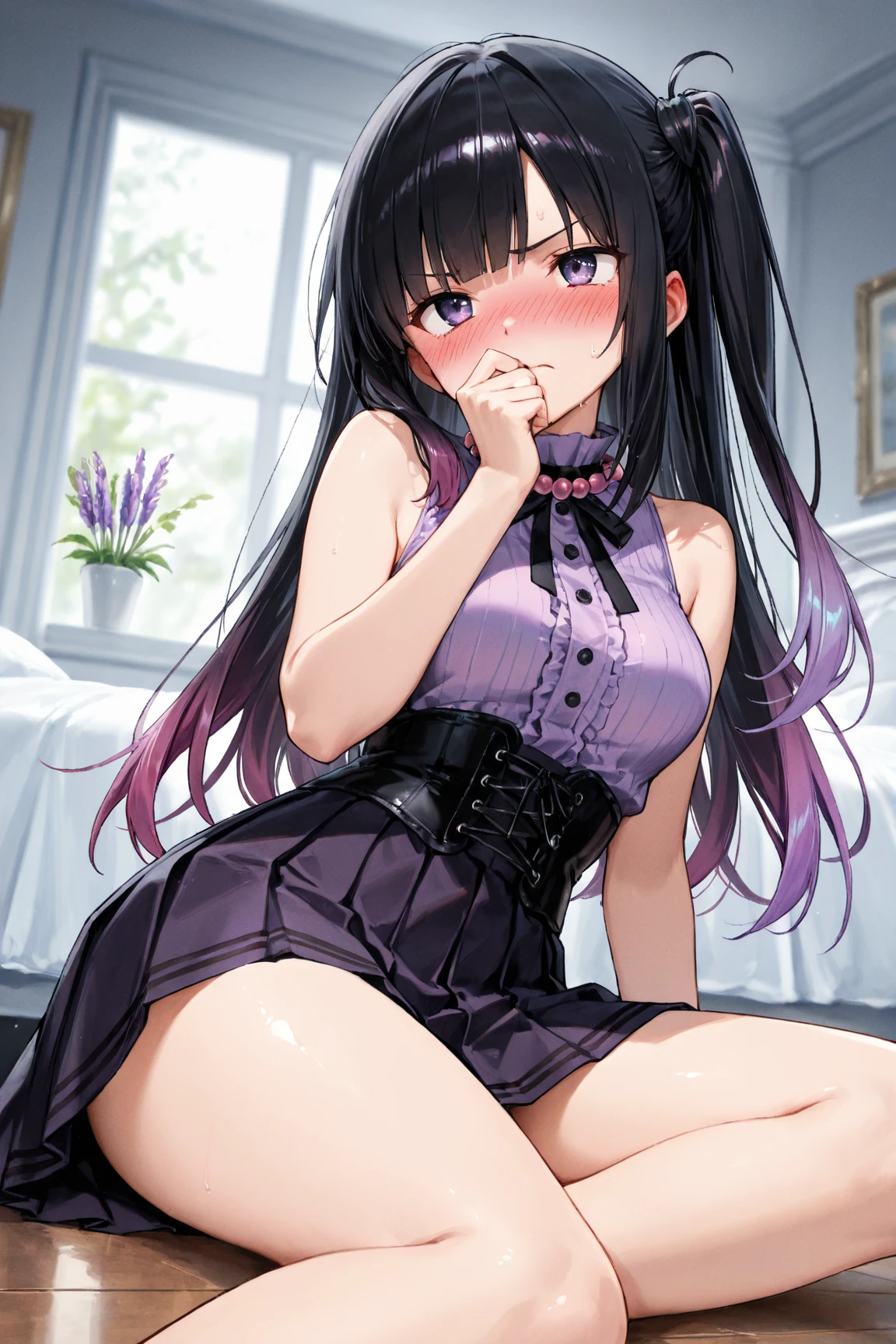 (best aesthetic,best quality,ultra high res,insanely detailed,exquisite,absolutely resolution,explicit),BREAK,(((perfect anatomy,perfect proportion,artstation female body))),BREAK,(detailed beautiful jewely catchlight gradient slant eyes),ligne claire,gleaming skin,BREAK,nsfw,horny presenting,fall into pleasure,wistful look,orgasm,BREAK,(beautiful cute erotic toddler gal,loli),prostitute,BREAK,small baby face,childish and super cute,((((blush)))),BREAK,Bishojo,ultra cute,Kawaii,BREAK,low body size,short stature,slender,BREAK,(((((jirai kei))))),BREAK,(black and purple ((streaked hair))),(((((double bun long twintails hair))))),BREAK,((shiny glossy metaric beautiful hair,gradient hair)),BREAK,((medium breasts)),((puffy nipples,erectile nipples,long nipples,huge areolas,bare breasts)),BREAK,(((((jirai yamikawa fashion))))),(jirai yamikawa fashion with black and pink:1.2),(frilled polka dot thigh high knee socks:1.4),zettai ryouiki,high heels,No panties,BREAK,love hotel,(on the bed,arms bhind back:1.4),evening,(sweet pussy,show off pussy:1.3),(dripping love juice:1.3)