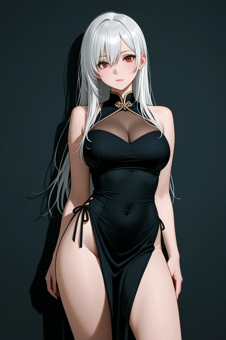 (8k, Best Quality, Masterpiece: 1.2), 2 Females, Mature, (1st Person: White Hair, Black Bare Dress, Thighs), (2nd Person: Black Hair, White Bare Dress, Garterbelt), Cute, Wet, Photon mapping, physics-based rendering, (intricate details, tight clothes, red eyes) staring
