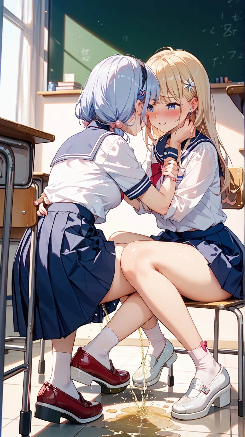 eyes closed,score_9,from above,, アニメ, best quality, masterpiece、Two female students、 blush、,blazer、Sit on a bench、kiss、lily、Put your hands inside your clothes、Saliva exchange