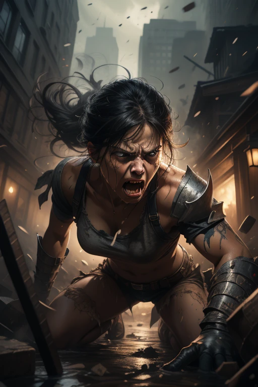 "The tranquil village is suddenly thrown into chaos as rebel warriors storm in with brutal force. Doors are kicked open with a deafening crash, and terrified screams fill the air. Women are dragged from their homes, their faces contorted in fear and desperation. The rebels, clad in dark, menacing armor, show no mercy. Their expressions are cold and ruthless, their eyes gleaming with a cruel determination. Some women try to resist, clawing and kicking, but the rebels are too strong. They yank the women forward, the sound of tearing fabric and pained cries mingling with the general cacophony. The scene is one of utter pandemonium, with the rebels' harsh shouts and the villagers' pleas for help echoing through the narrow streets."