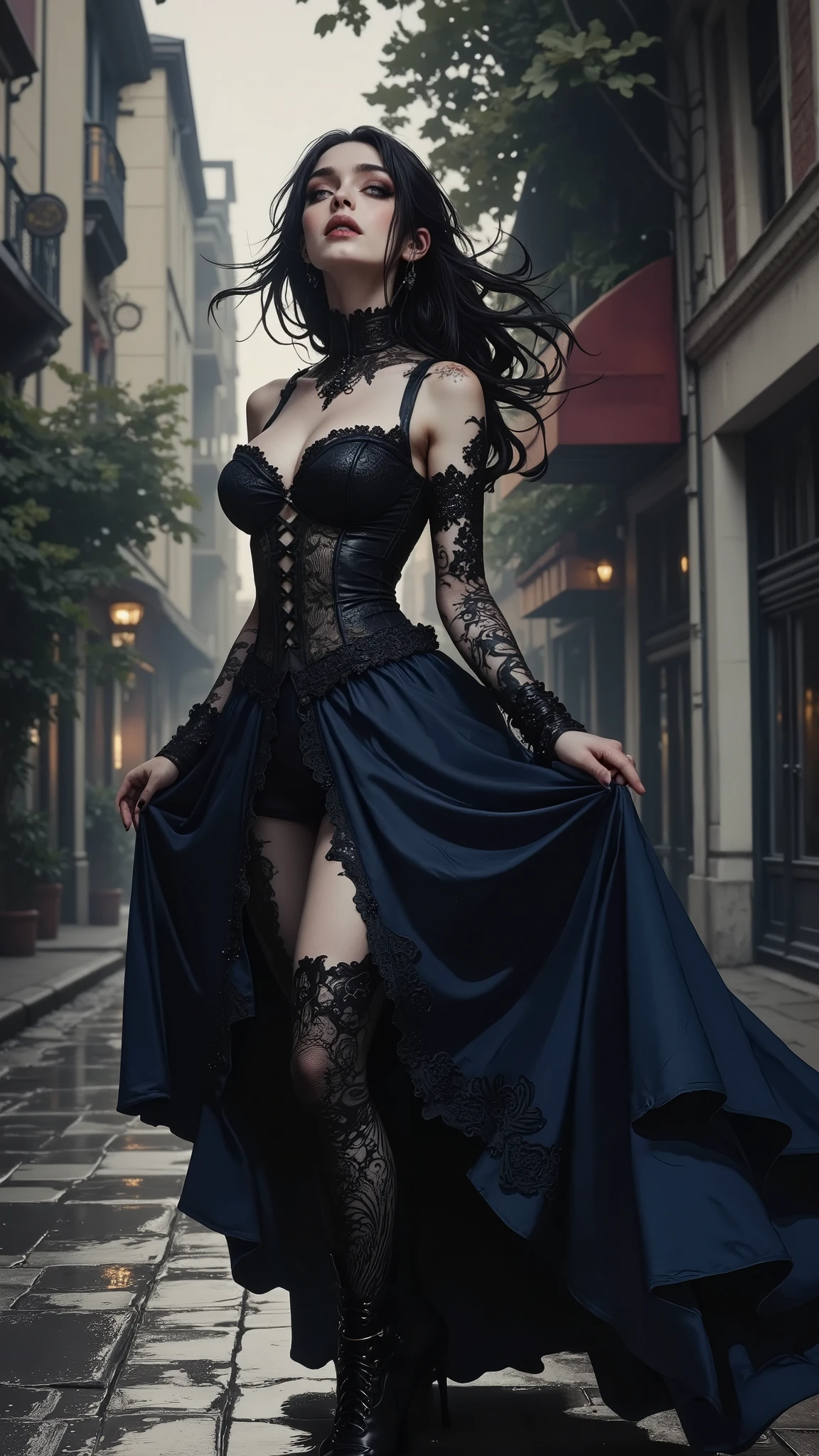 A dark, dramatic, Gothic full-length portrait of a young woman. A Gothic priestess, with loose dark long hair that cascades around her, creating a sense of unearthly mystery. She is wearing a spectacular corseted navy blue dress with an intricate pattern, consisting of a corseted top, a full skirt that opens her legs in front and decorative lace. The dress and high lace-up boots are decorated with intricate lace patterns. The bodice is lacy and form-fitting, the full skirt flutters and cascades around her. She has striking facial features with carefully applied makeup that accentuates her features, giving a seductive, almost melancholic touch to her expression and contemplative pose. Her eyes, elongated to the temples, are slightly open and directed upwards. She is dancing on the street, on a wet city street, against the backdrop of city buildings. The wet sidewalk reflects the gloomy tones around her. The lighting is bright and moody, it casts dramatic shadows and highlights, creating a Gothic gloomy and atmospheric scene. The image has a picturesque texture and a very rich, deep color palette. The Gothic style, dark fantasy and romantic style are obvious. The image is made in a medium color scheme. The colors are deep blue, black with light reflections and gray, creating a feeling of deep darkness. The overall mood is Gothic and dramatic, evoking a sense of mystery and charm.