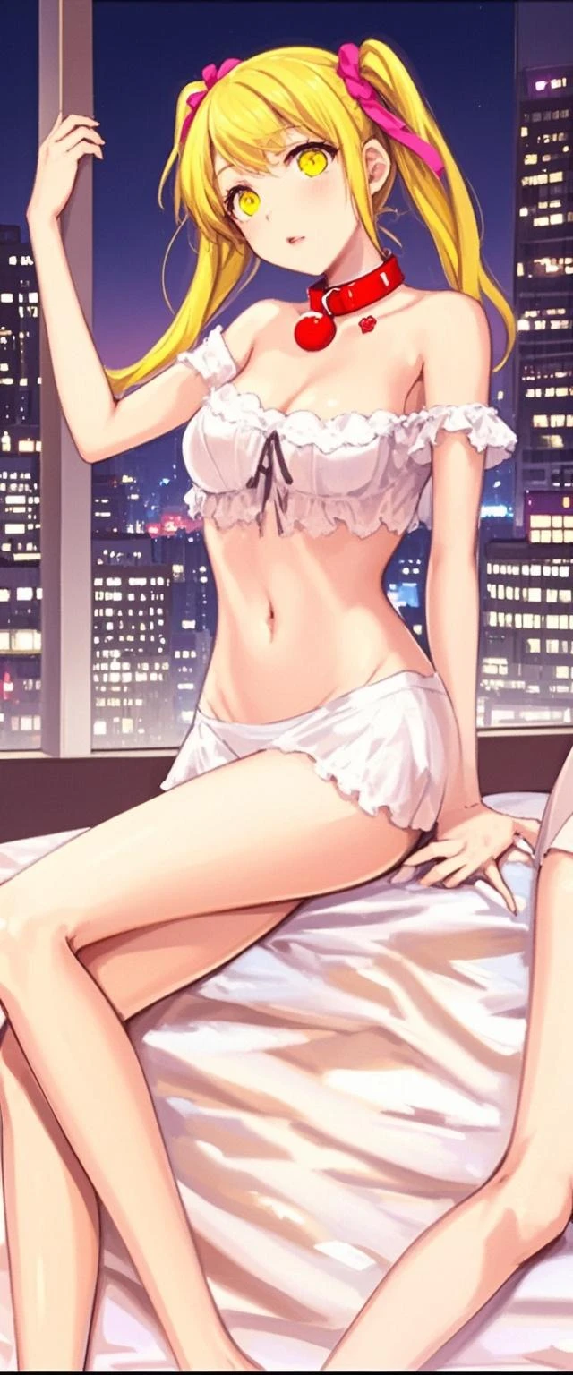 realistic, 1girl, hair over one eye, parted lips, blush, makeup, light smile, pajamas, glow, thighs, red eyes, collarbone, narrow waist, bedroom, window, moon, on side, (masterpiece), television, wallpaper, moonlight, underwear,