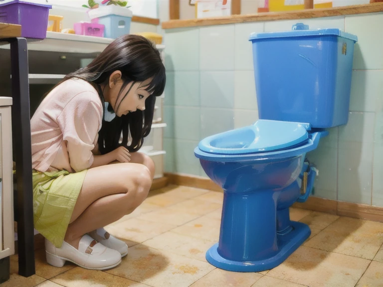 masterpiece、top-quality、ultra-detailliert、(Chibi Chara's Daughter:1.2)、Toilet room、sit on the chibi toilet、raise both hands to the sky、Open your mouth and rejoice、The wallpaper is William Morris' wild chrysanthemum wallpaper.。..