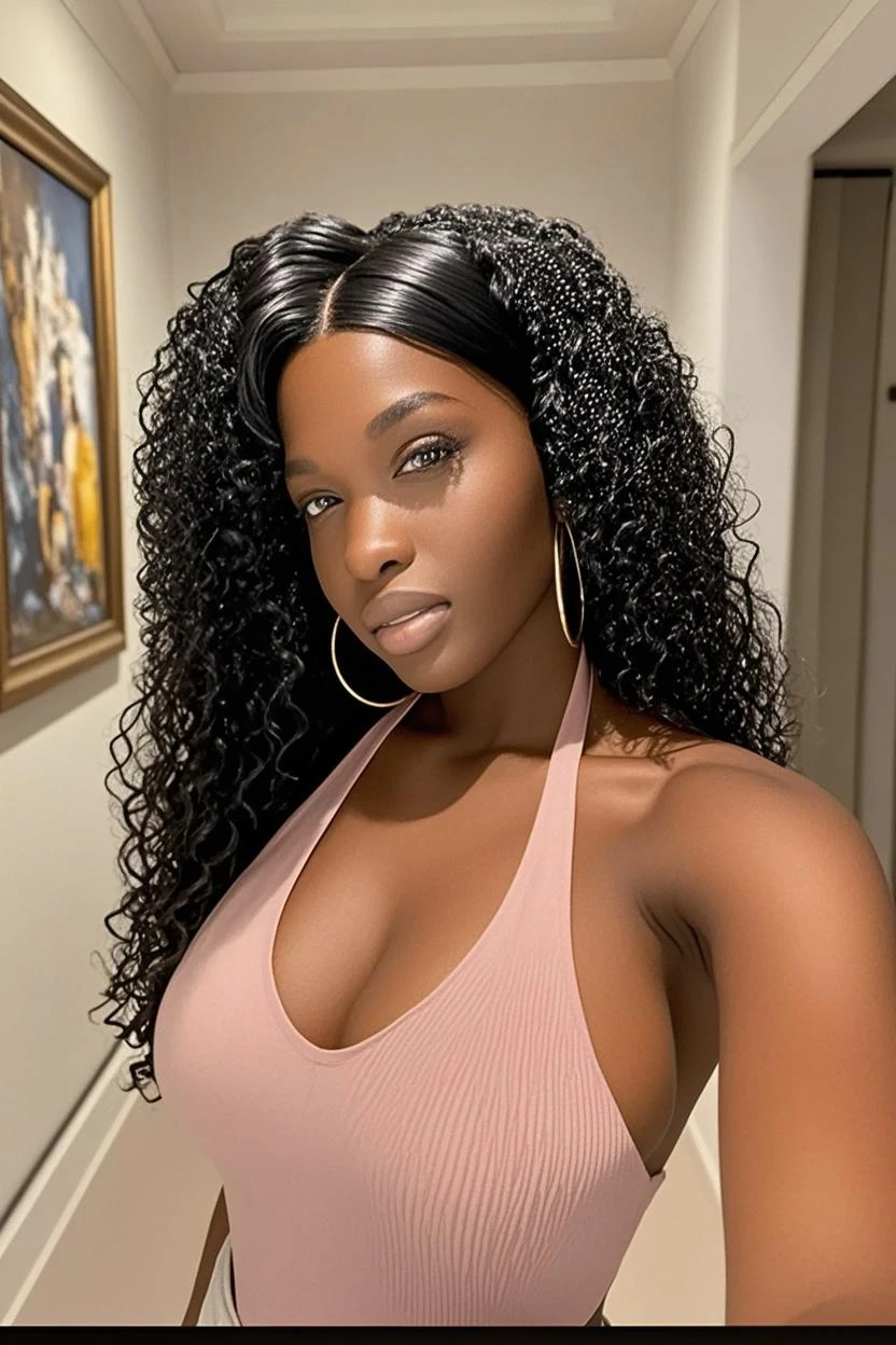 masterpiece, best quality, beautiful black and Asian mixed 19 year old, brown skin female, long, frizzy, curly black hair, perfect face, half body, long hair, melanin, curly dark hair