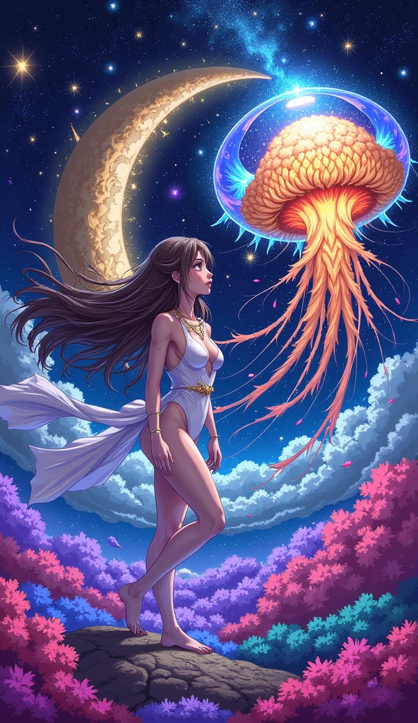 beautiful sensual nude and erotic woman with massive breasts. The breasts are not covered by anything. Red full lips. full body view. portrait of 1girl solo, Voluminous Curly Updo with Hair Vine, headshot, face focus, Crouching in a field of wildflowers, hands outstretched, looking like a part of nature. Cosmic Galaxy with Nebulae and Planets, masterpiece, immaculate, highly detailed, detailed,