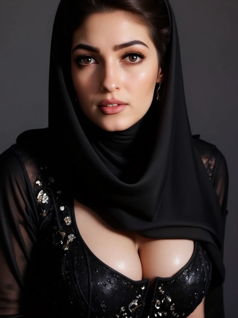Tirkish 24 year old woman, lace hijab,, good shape of medium breasts, grey background. symmetric, wearing kebaya, no hair exposed, pashmina, 4k, 85mm lens, facing front, red lips