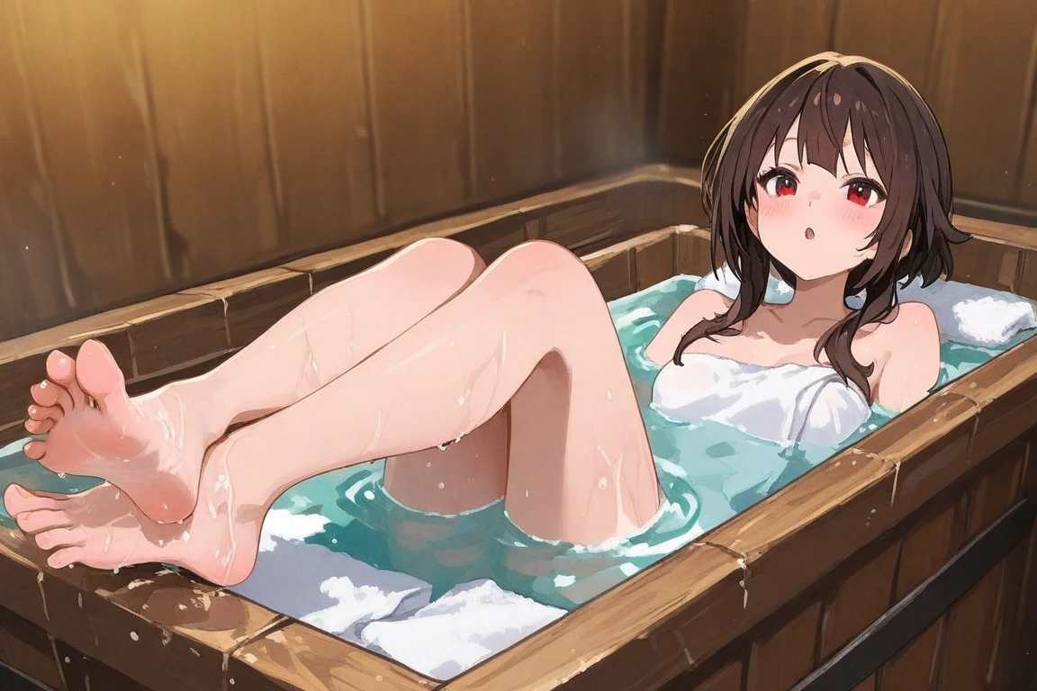 High photo quality, beautiful girl, a girl kissing the soles of the queen's daughter, inside the bathtub , wet clothes, white skin, sweaty body, big breasts, big thighs, 1 alone Beautiful angry anime girl, breast size 70, height 160, light brown eye color, short brown hair, almost big thighs, narrow waist, almost elongated face,   almost big ass, small nose, three ear holes, lips almost Prosthetics, Men's T-shirt  , smile ، Persian shawl around the neck 