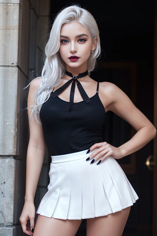 White girl, LONG white hair, silver tank top, short black skirt, black high boots, big gray eyes, short