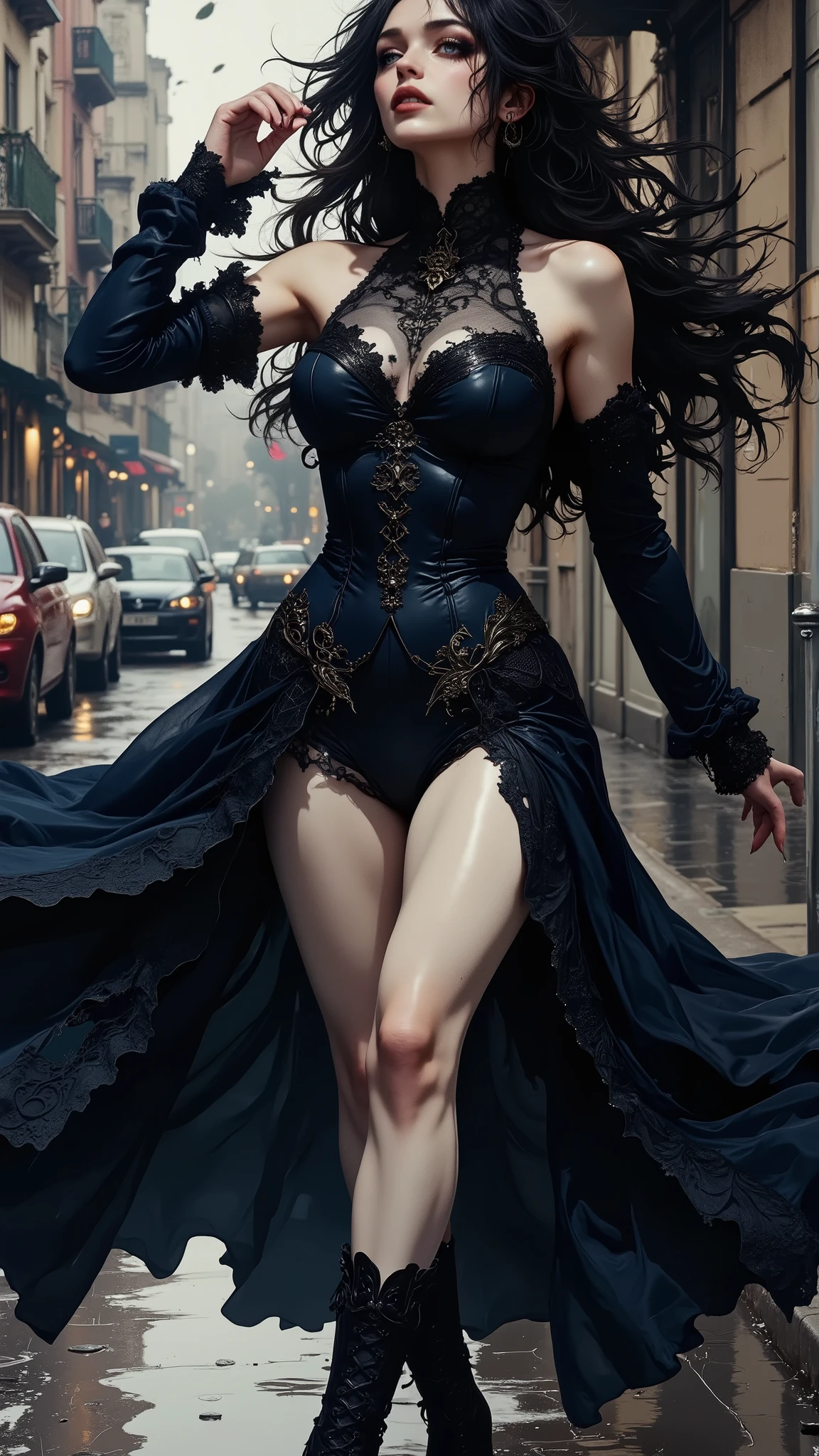A dark, dramatic, Gothic full-length portrait of a young woman. A Gothic priestess, with loose dark long hair that cascades around her, creating a sense of unearthly mystery. She is wearing a spectacular corseted navy blue dress with an intricate pattern, consisting of a corseted top, a full skirt that opens her legs in front and decorative lace. The dress and high lace-up boots are decorated with intricate lace patterns. The bodice is lacy and form-fitting, the full skirt flutters and cascades around her. She has striking facial features with carefully applied makeup that accentuates her features, giving a seductive, almost melancholic touch to her expression and contemplative pose. Her eyes, elongated to the temples, are slightly open and directed upwards. She is dancing on the street, on a wet city street, against the backdrop of city buildings. The wet sidewalk reflects the gloomy tones around her. The lighting is bright and moody, it casts dramatic shadows and highlights, creating a Gothic gloomy and atmospheric scene. The image has a picturesque texture and a very rich, deep color palette. The Gothic style, dark fantasy and romantic style are obvious. The image is made in a medium color scheme. The colors are deep blue, black with light reflections and gray, creating a feeling of deep darkness. The overall mood is Gothic and dramatic, evoking a sense of mystery and charm.