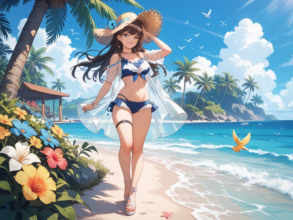 ​masterpiece、top-quality、超A high resolution、 [ 4 k digital art ]!!、 8k high quality detailed art、Wallpaper、 Detailed Digital Anime Art、Realisticity、Cinema Angle、hposing Gravure Idol、((Full Body Portrait of a Beautiful Woman))、((two womens))、((Dance with open arms))、cute  face、 (Detailed depiction of a beautiful face)、kindly smile、、年轻、Bikini swimwear、(Ethnic patterns and primary colors wrapped around the waist and skirt)、Photorealistic perfect body、((Beautiful tropical beach landscape photography))、light Particle、llight rays、Tropical、Against the background of palm trees、on a sunny beach、Against the background of the sea、blur backgroun、