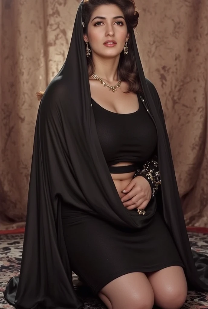 ((best quality)), ((masterpiece)), (detailed), perfect face muslim queen mother , big cleavage, black dress, black color background, jewelries, navel ring , big cleavage, looking at viewer, straight facing, big mammarygland , navel chain, sleeveless , arms up