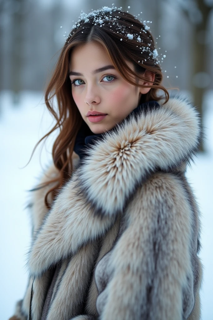 Masterpiece Photography ultra realistic 4k , a very beautiful a woman standing in front of a tree in the snow, portrait featured on unsplash, backlit shot girl in parka, nina tryggvadottir, portrait of nordic girl, girl wearing hoodie, blue parka, color photograph portrait 4k, hooded fur coat, girl with white eyes, wearing pointed hoods, 4 k editorial photograph, wearing fur cloak --auto --s2