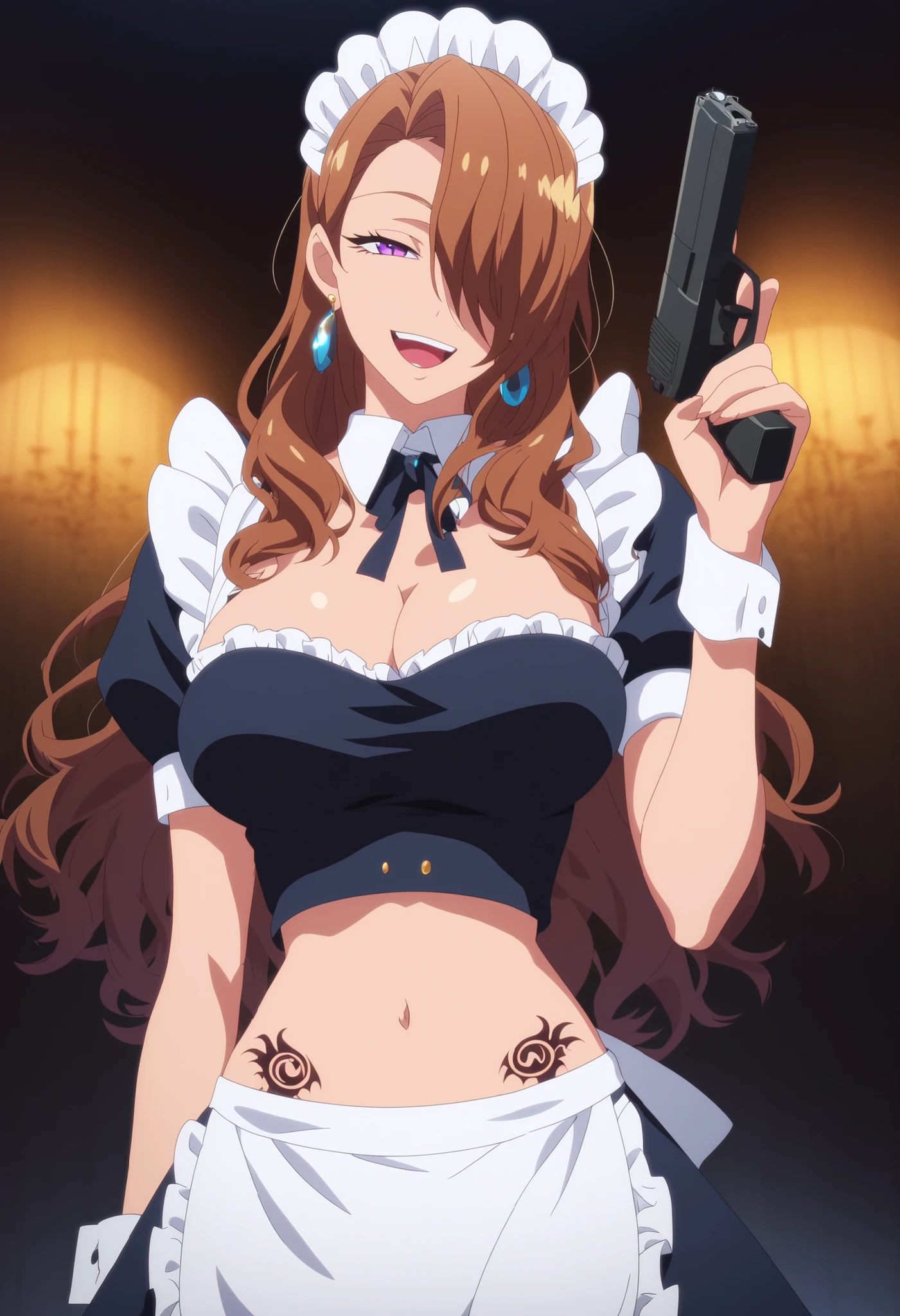masterpiece,amazing quality,best quality,ultra-detailed,8K,illustration,shiny hair,ultra-detailed-eyes, mature woman, solo, medival setting, raytracing, night, stary sky through window, kaifukumeido,  long hair, hair over one eye, purple eyes, brown hair, maid, jewelry, earrings, complex detailed background, , masterpiece, best quality, highly detailed, a girl in maid uniforms, holding pistol, maid
outfit, cleavage, evil smile, smile, open mouth ,official artwork, (nsfw) not safe for work, beautiful maid
girl, , micro skirt, exposed belly, exposed navel, exposed midriff, exposed lower belly, ,,medium large breast ,looking at viewer , dragon tattoo on waist, narrowed eyes, tattoo on waist, anipai_style , anime screencap , anime coloring, v-shape eyebrows,
