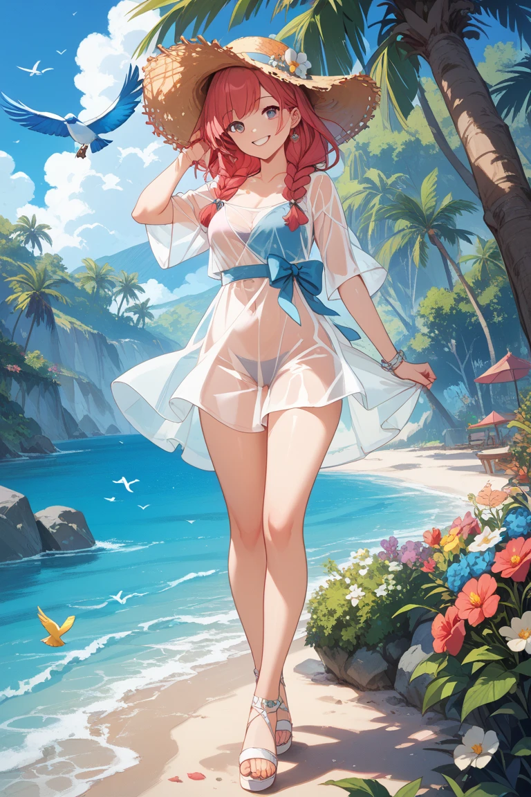 masterpiece, best quality, nsfw, 
 1girl, view from below, 
 (lift up the white dress:1.4), white dress, (white panties:1.5), straw hat, red hair, embarrassed face, 
 grassland,