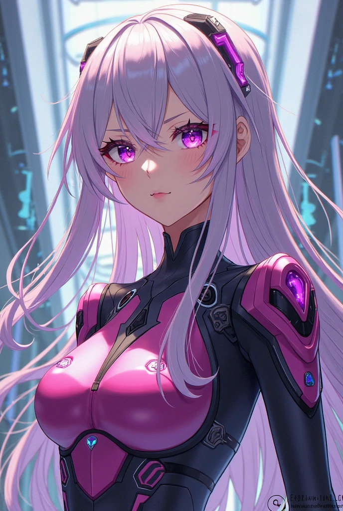 One girl (masterpiece, round_iris, very crisp crystalline shiny purple eye, perfection_anatomy, very_Fascinating_Hypnotic_Mysterious_eye, ) perfection face, Long pink hair, Malicious smile, Big Breasts, robot, robot outfit, cyber punk, city, highest quality, 4K