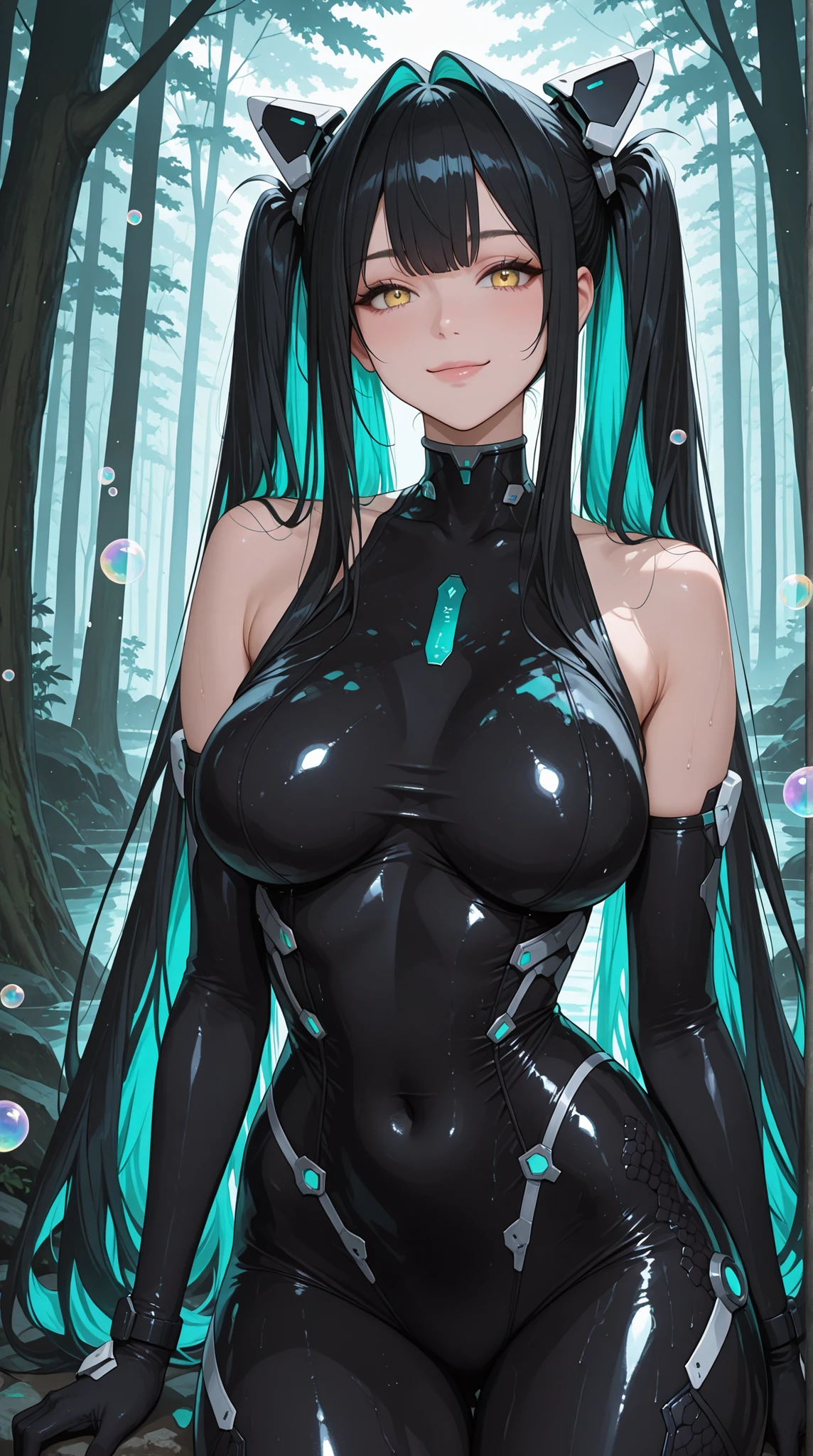 1girl, solo, Alittlemermaid, long hair, black hair, yellow eyes, twintails, multicolored hair, hair intakes,
headgear, bare shoulders, large breasts,
black gloves, detached sleeves, elbow gloves,
black bodysuit, skin tight, covered navel, covered collarbone, scales,forest ,large bubbles, rainbow colored bubbles floating,looking at viewer,smile,