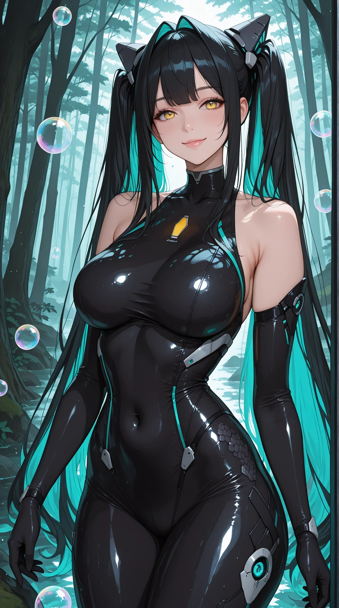 1girl, solo, Alittlemermaid, long hair, black hair, yellow eyes, twintails, multicolored hair, hair intakes,
headgear, bare shoulders, large breasts,
black gloves, detached sleeves, elbow gloves,
black bodysuit, skin tight, covered navel, covered collarbone, scales,forest ,large bubbles, rainbow colored bubbles floating,looking at viewer,smile,