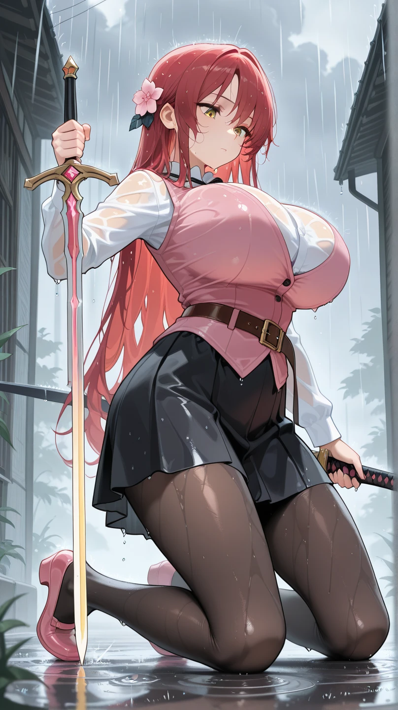 one woman, pink hair, gyaru, canine, aquamarine eyes, Double bun , navel, manicure, curly long hair, neat white uniform, piercer, smiling mouth, cleavage, cute, short pink skirt, very large breasts