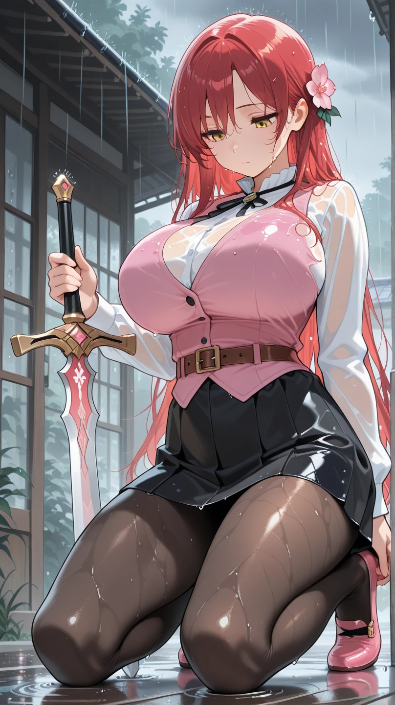 weird atmosphere, (best quality:1.1), (masterpiece:1.2), high quality shadow, beautiful detailed, (high detailed skin, skin details), (wide landscape, 8k), depth of field, highres, best illumination, (sexy), outdoors, blurry background, HD hair, beautiful face, perfect skin, red hair, long hair, (big breasts), blood particles, (night), sharp teeth, glowing red eyes,  blood on face, blood on clothes, blood splashing, female knight in the war fields, white dress,  cleavage, stocking, high heels, kneel pose, close to viewer, from above, looking to viewer, gripping big sword, in the grassland, foggy, wet body, wet hair, hair fluttering, bare shoulder, explosion, tired face, fire