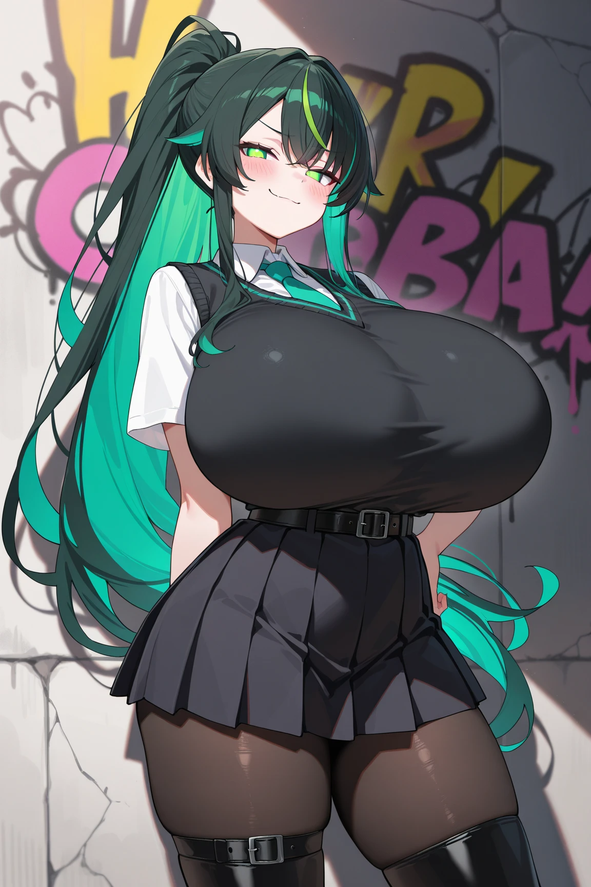 Cure happiness, skirt, Wrist cuff, shorts under skirt, boots, corruption, Hollow Eyes, Half closed eyes, Wicked Smile, There are no students, Crazy Smile, Open your mouth, girl2people,Blue and red accents, Dark Magical Girl,Black costume,Large Breasts(Huge breasts:1.8)