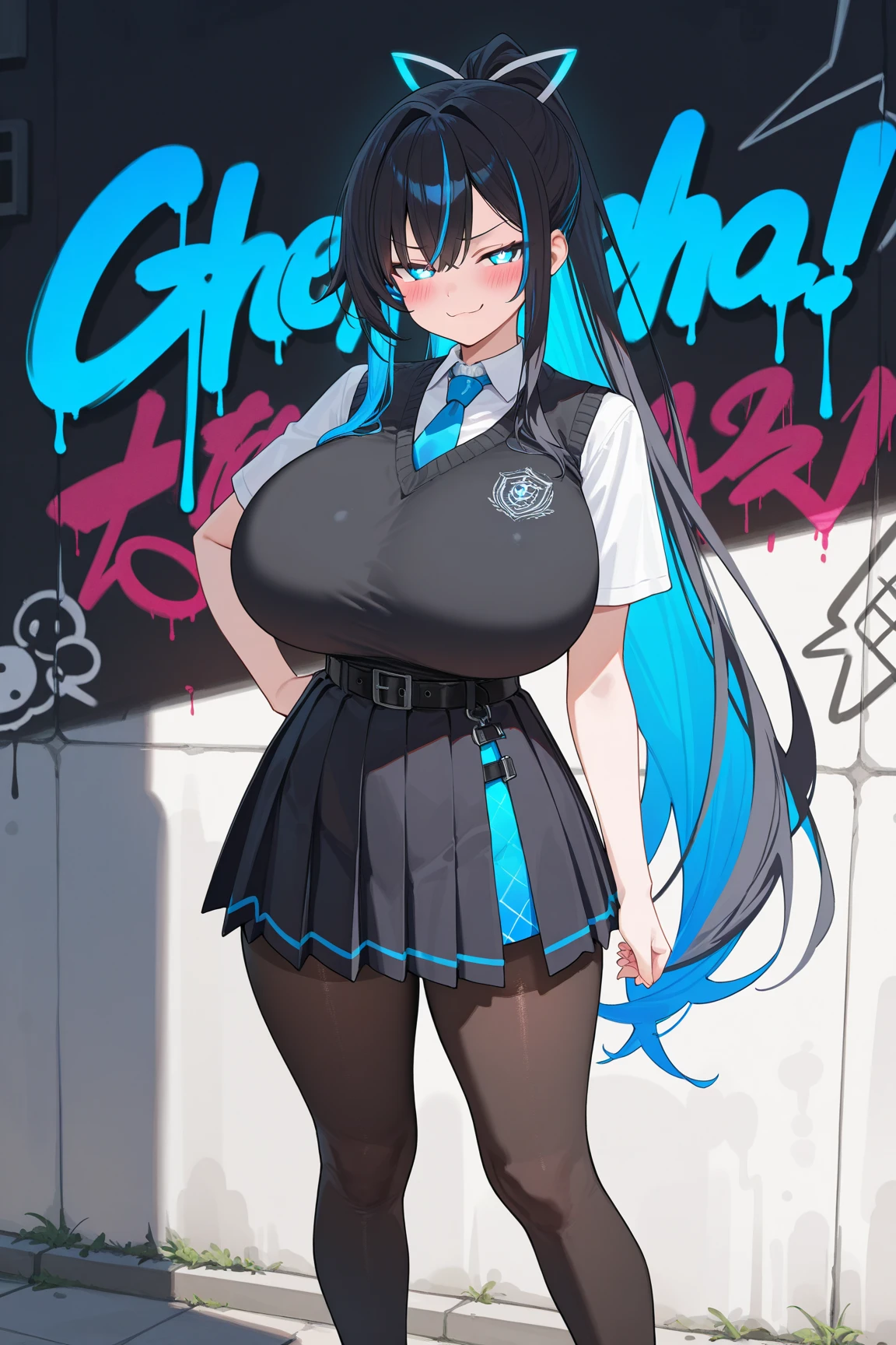 Pokémon、Nemo、big tits milf、big tits milf、big tits milf、solo、Nemoナ、long hair、orange eyes、ponytail、look at viewer、black pantyhose、gloves、orange tie、orange shorts、short sleeve、school uniform、stage、stageライト、Spotlight、peace sign、dutch angle、smile