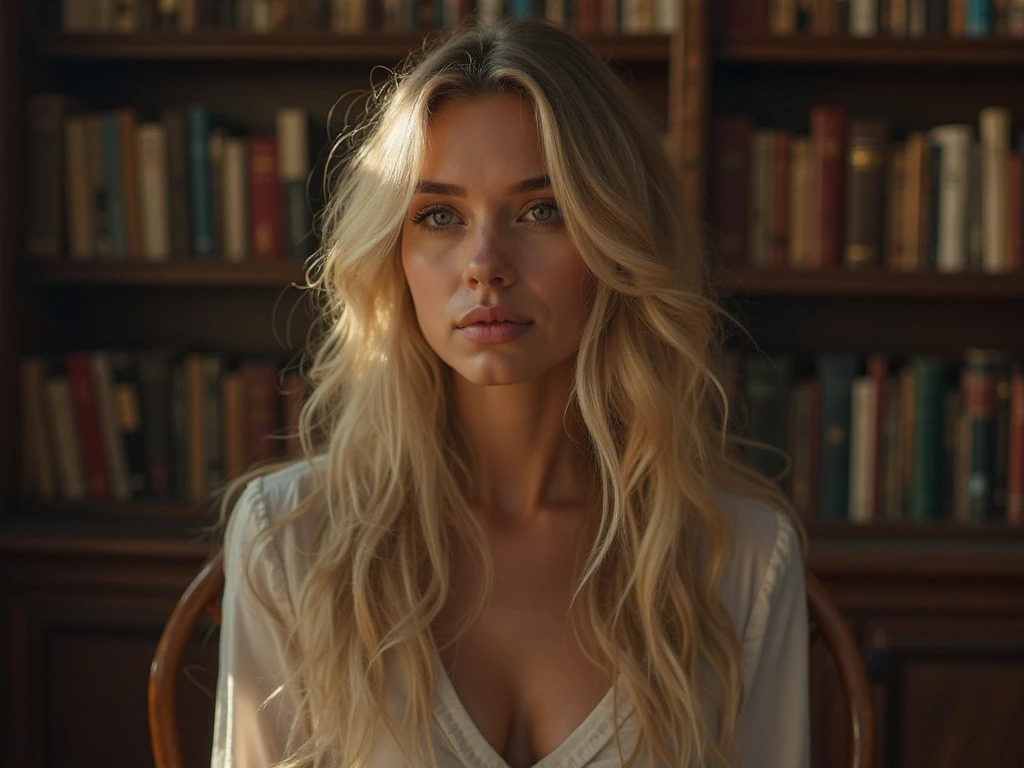 Générez une séance photo sexy mettant en vedette une femme blonde dans la librairie. L'influenceuse blonde charismatique doit avoir 24 ans et mesurer environ 5'8" grand. Elle a une queue de cheval. Elle possède une silhouette en forme, highlighted by her huge breasts. Elle regarde la caméra, son teint est impeccable, adorned with'un chaleureux, Sunny tan. Ses yeux bleus expressifs rayonnent de charisme, reflecting her attractive and confident attitude. clivage. (huge tits)
She is dressed in'a sexy way ( super sexy sweater with a great cotton pleated mini skirt)). La tenue respire le sexy et le style, complétant parfaitement l'atmosphère.
Le décor est dans la librairie, creating a very welcoming and cool atmosphere. Elle a un air mignon sur son visage. ((séance photo sur tout le corps)).
The photograph should emphasize the serene and charming nature of the scene, with photorealistic details, traçage du chemin, specular lighting, volumetric facial lighting, path drawn hair, ombres visibles, et un complexe, hyper realistic