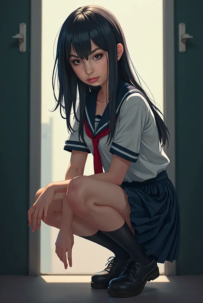 realistic, lip gloss, realistic, best quality, super high resolution, depth, pastel colors, natural shadows, focus on face, just face, looking at the viewer, long hair, brunette hair, brown and detailed eyes, (masterpiece, best quality), 1 girl, solo, from front,
(shut up), smile, parted lips,
Shiny skin, thick thighs, white panties,
, serrap, pleated skirt, loafers, black socks, crouching, indoors, looking at the audience, anatomically correct