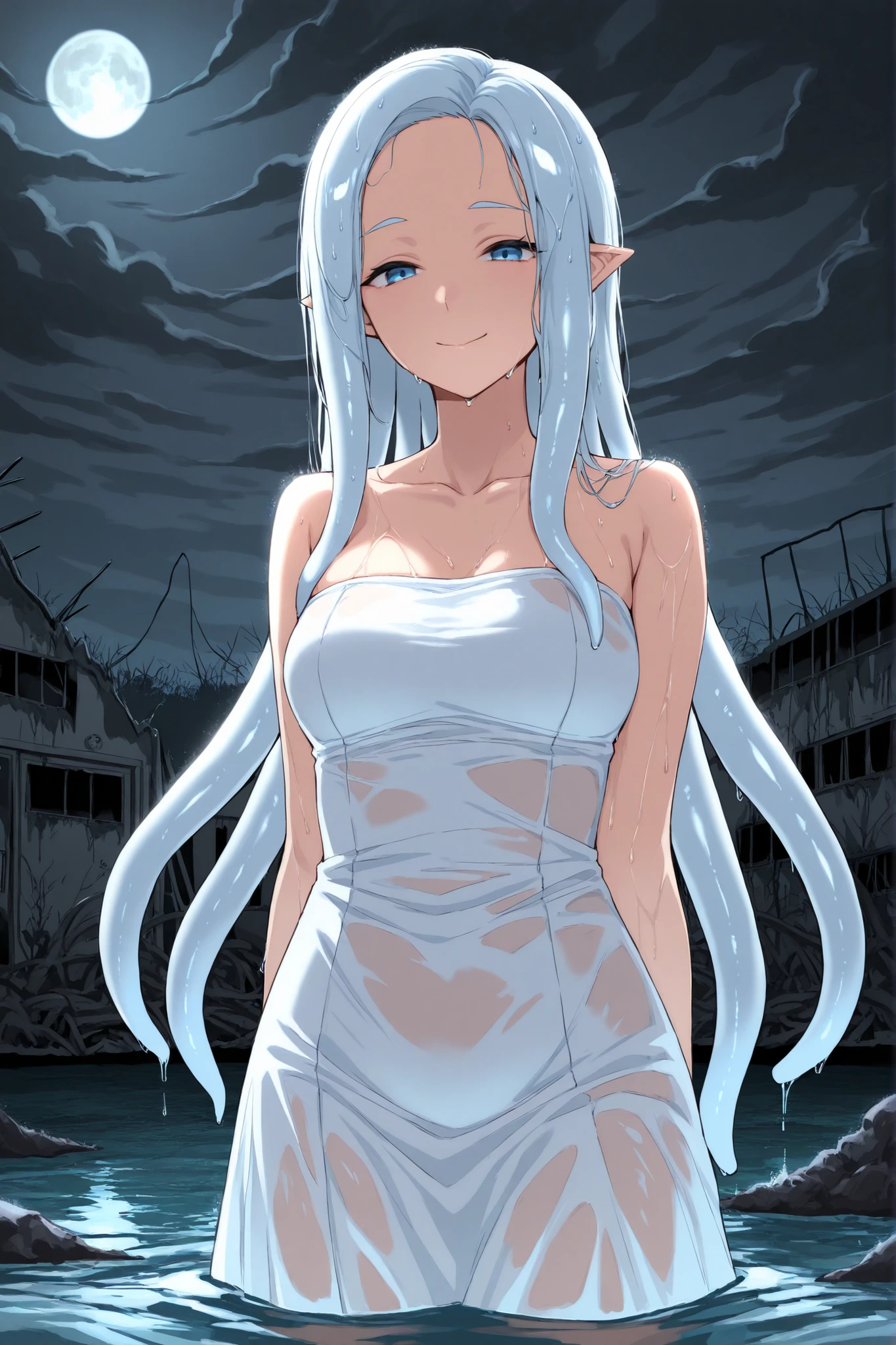 score_9, score_8_up, score_7_up, source_anime, 1girl, solo, (squid girl), tentacle hair BREAK
Tentacle hair, (white hair), forehead, long hair, blue eyes, pointy ears BREAK
White dress, bare shoulders, strapless, sleeveless, collarbone BREAK
Looking at viewer, smile, closed mouth, wading , outdoors, ((soaked, wet hair)), (abandoned garden) , lake , (dark sky , dark clouds) , night_time , full moon