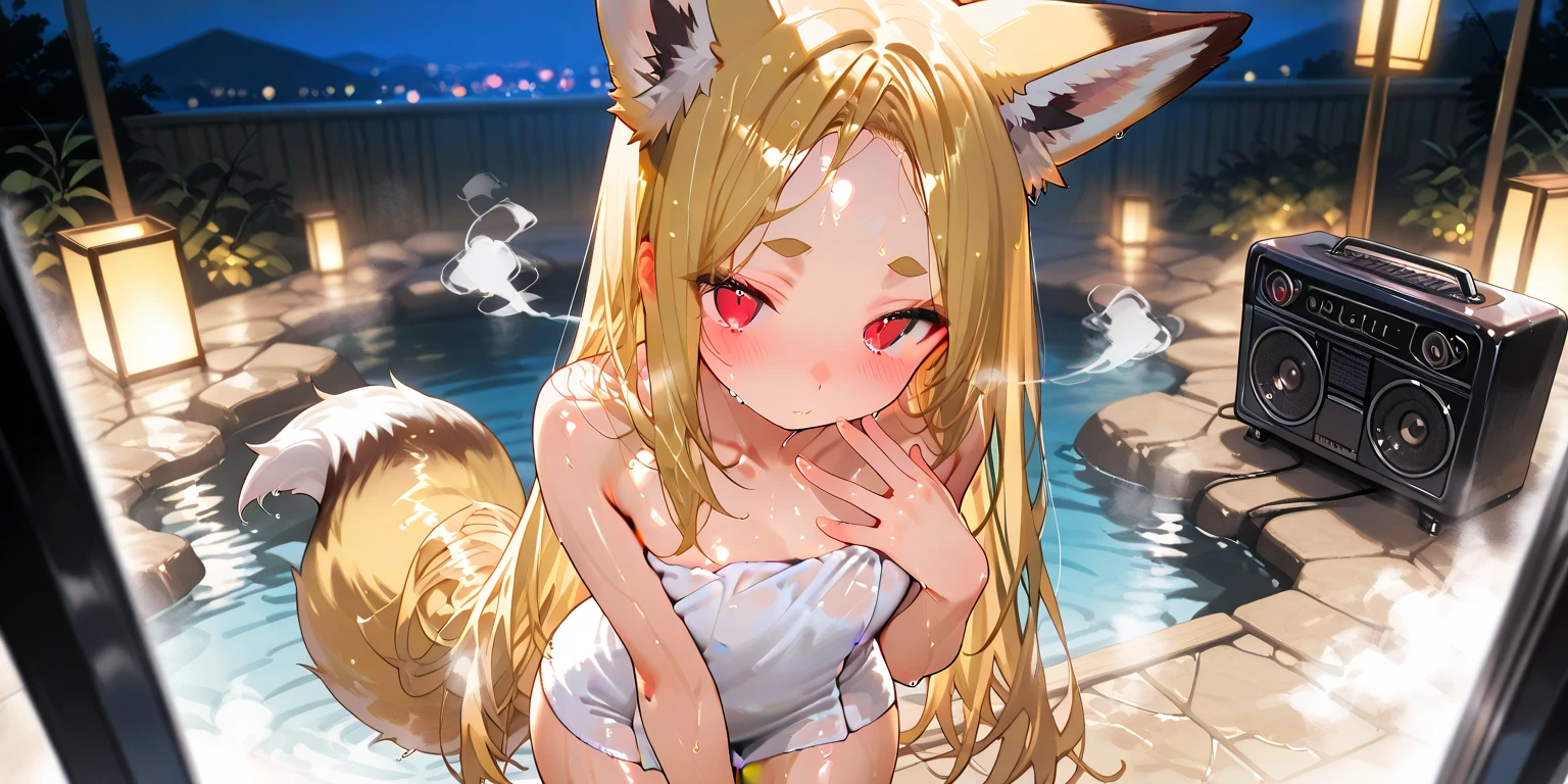 best quality,best resolution,(fluffy anthro furry :1.6),fox girl,small breasts,light yellow long hair,wavy hair,light yellow fox ears,light yellow fox tail,light yellow fur,yellow eyes,glistering eyes,sparkle eyes,glasses,heart necklaces,soak body,soak hair,sweating,very hot,naked, full naked,sunset,evening,romantic light,looking at viewer,full face blush,beautiful face,shy smile,heart eyes,heary expression eyes,legs in water,twisted body