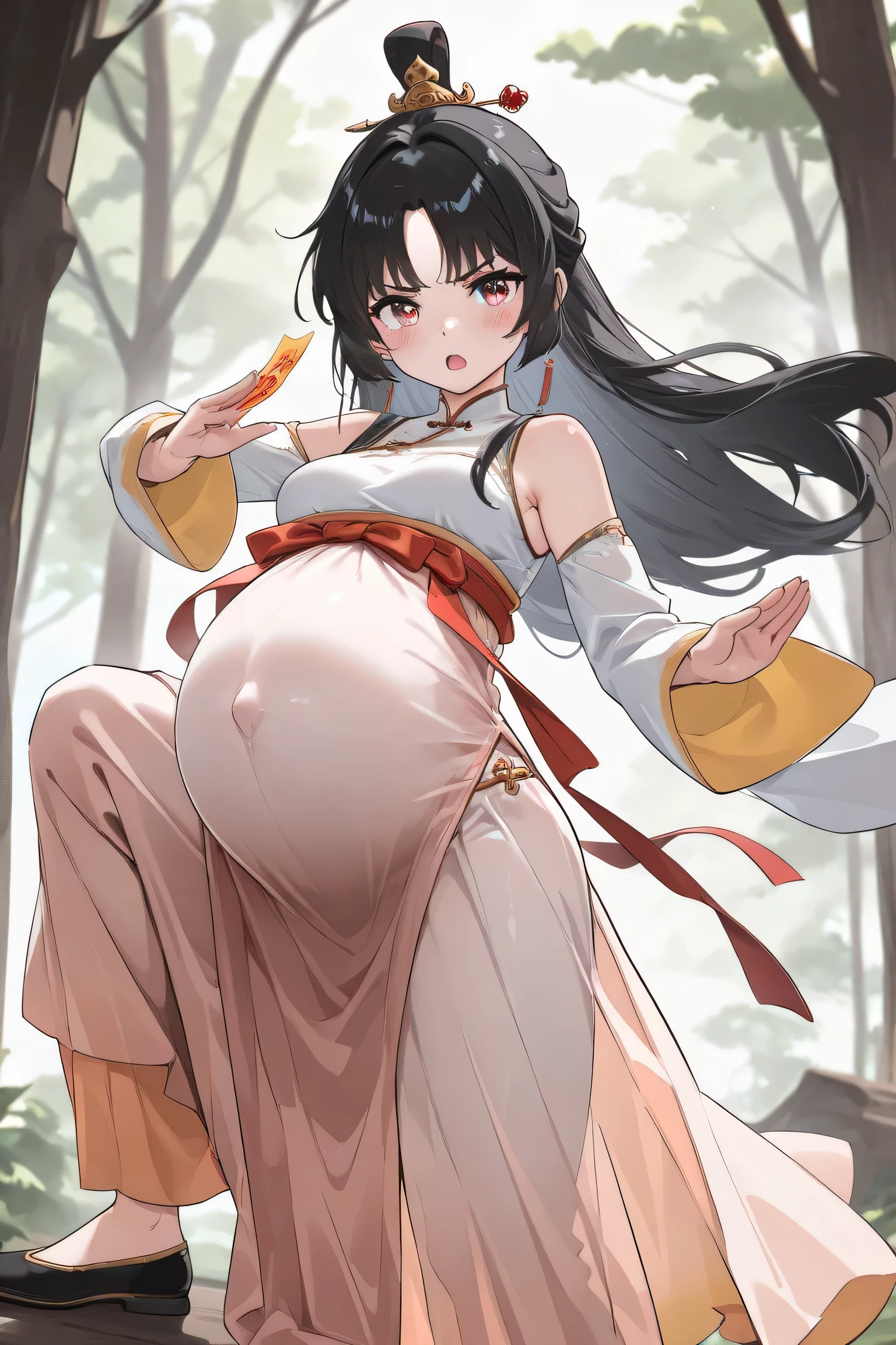 (masterpiece, best quality: 1.2), Traditional Chinese ink painting, A sexy and lovely 18-year-old woman，Medium chest, Oversized dress :1.2, bench, Ultra-fine face, delicate eyes, Double eyelids, SFW , Long skirt，Large Breasts，Pregnant，Big, big belly，Oversized belly 