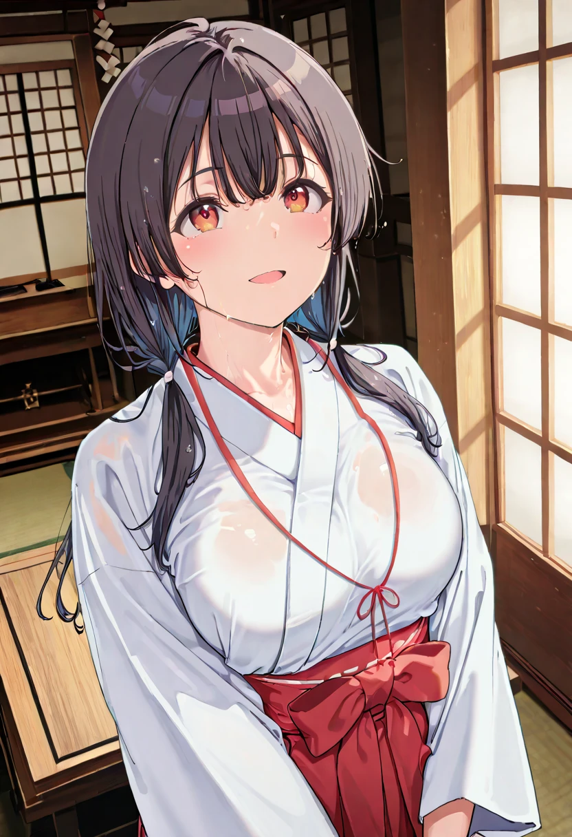 Close-up of a woman with black straight hime cut hair wearing a red and orange dress, Red kimono with flower patterns, From the Sengoku period, Long and beautiful kimono, Flowing hair and long, super shiny robes, Red kimono, Japanese Kimono, Wearing Imperial Kimono, Wearing kimono and armor, In kimono, Safety, kimono, Hakama kimono, Inspired by Fujiwara Takanobu, pale and colouRed kimono She is laid down on the futon, exposing her nipples, writhing and crying. She has sex with a penis thrust into her She blushes