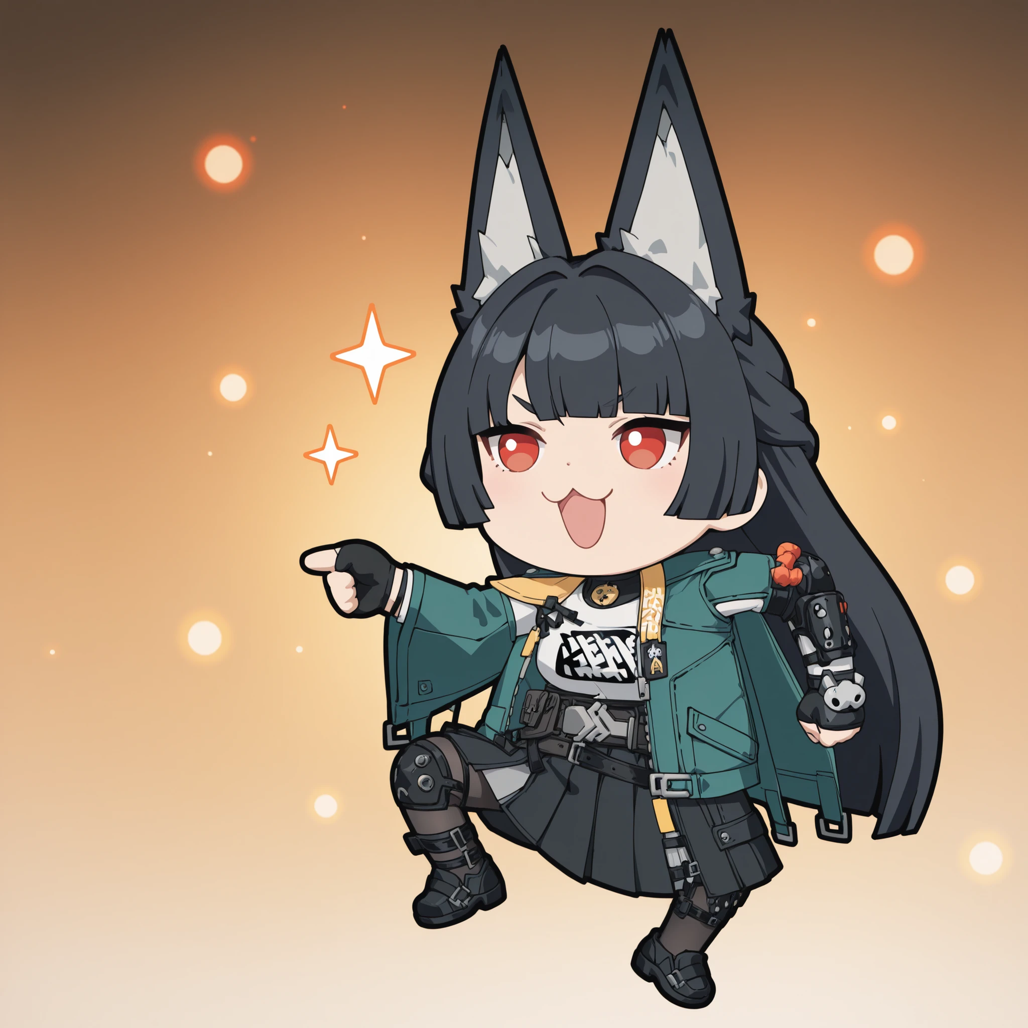 かわいいcatの, genba _cat,chibi, Pointing, standing on one leg, :3, Open Mouth, meme,  parody in hin, Simple Background, white background, full body, (Zenless Zone Zero, hoshimi miyabi, black hair , Bang , long hair ,Red Eyes , white eyes , Green Cape Jacket , White Shirt ), 4K high definition, bright color彩, best quality, 4K, masterpiece, Ultra Fine, Studio Lighting, ultra fine paint, bright color, Clear Focus, Ultra Detailed , Professional, HDR, super high resolution, bokeh effect , Accident scene, 