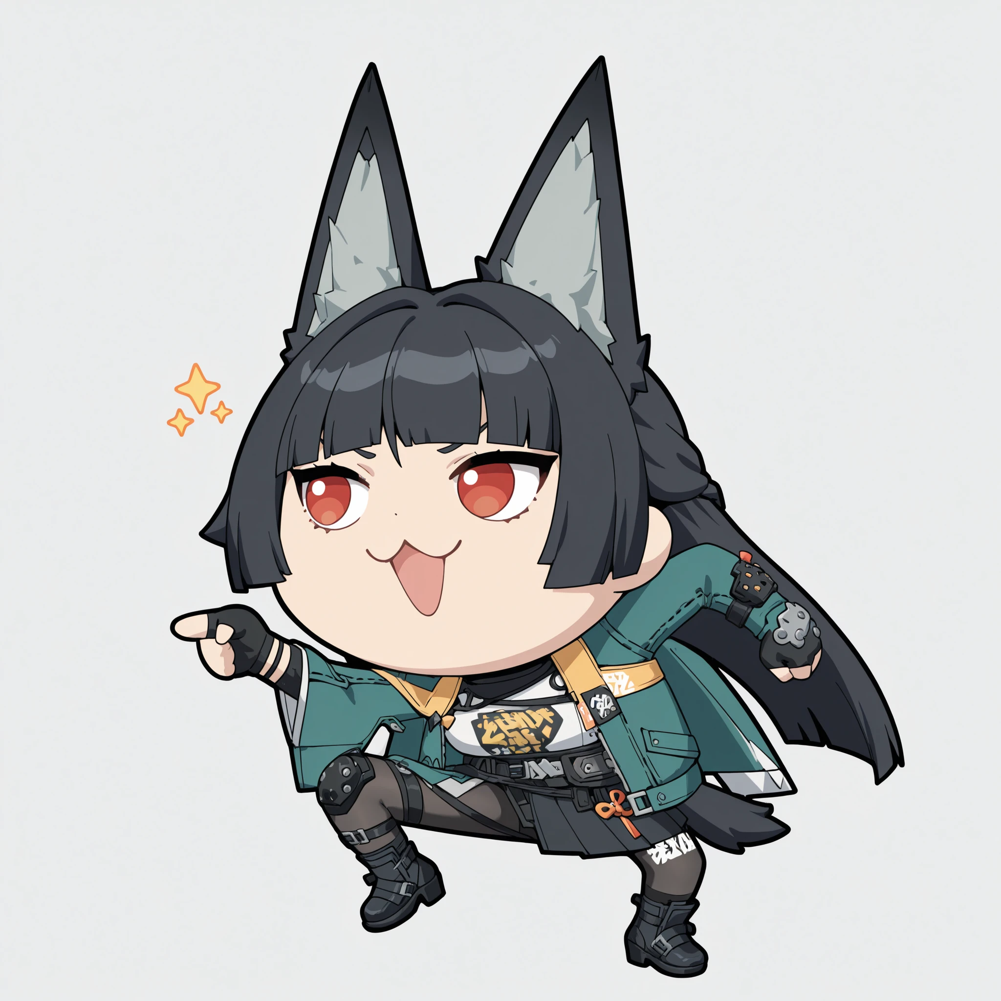 かわいいcatの, genba _cat,chibi, Pointing, standing on one leg, :3, Open Mouth, meme,  parody in hin, Simple Background, white background, full body, (Zenless Zone Zero, hoshimi miyabi, black hair , Bang , long hair ,Red Eyes , white eyes , Green Cape Jacket , White Shirt ), 4K high definition, bright color彩, best quality, 4K, masterpiece, Ultra Fine, Studio Lighting, ultra fine paint, bright color, Clear Focus, Ultra Detailed , Professional, HDR, super high resolution, bokeh effect , Accident scene, 