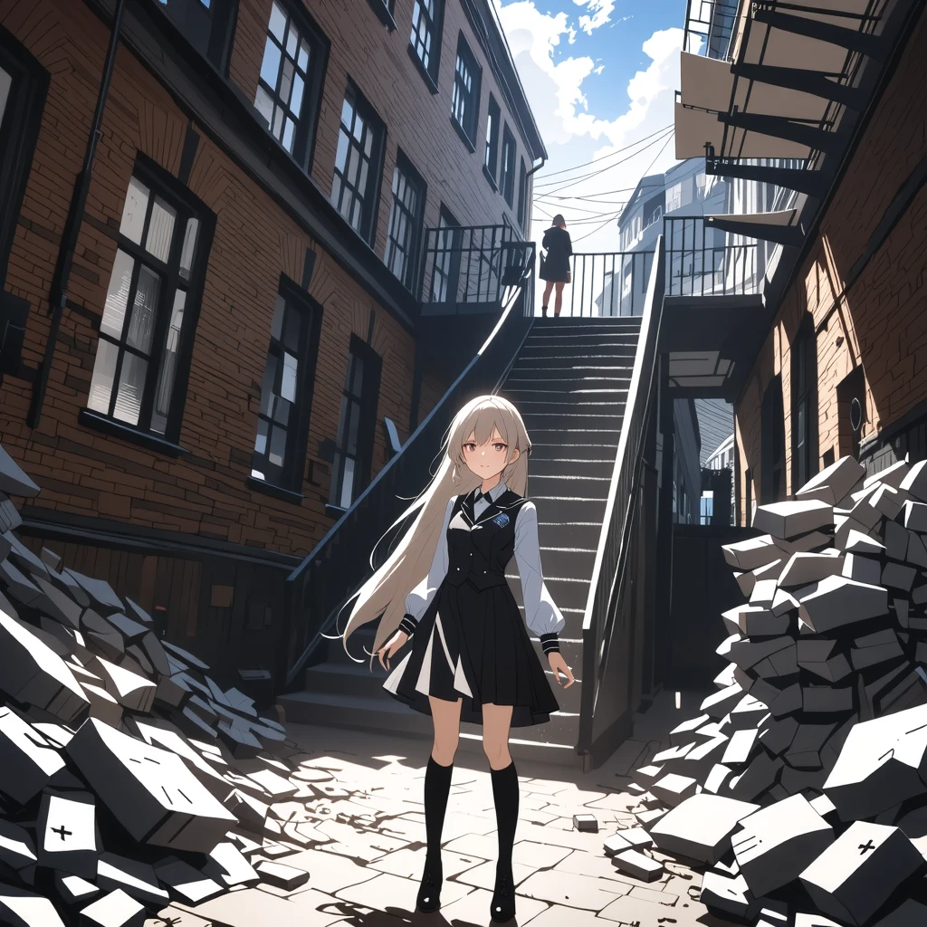 1girl, (school yard:1.2), (school building background:1.3) , field, masterpiece, best quality, highly detailed, ((school girl outfit, school girl)),((skirt,black skirt,cleavage,frilled skirt,micro,skirt frills)),((white shirt,skinny shirt,thighhighs,white thighhighs, ((takatekote))