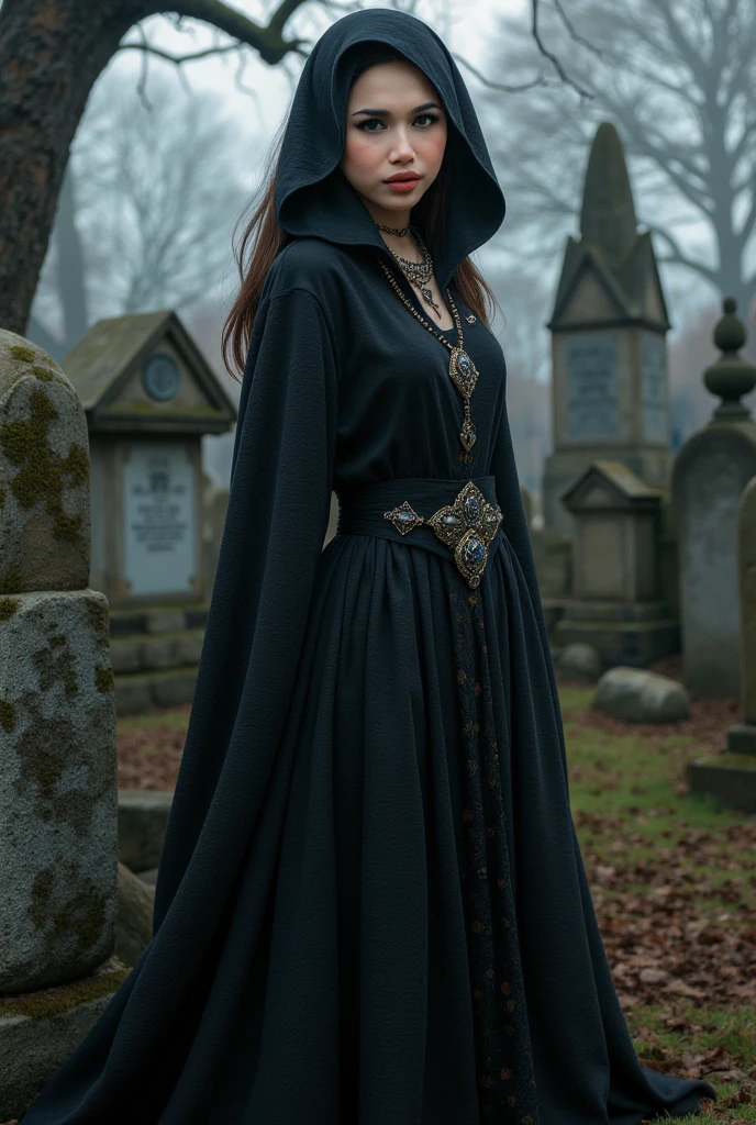 (medium full shot) of (sexy witch) young woman, french, bright green eyes, light skin, tan skin, jade green eyes, Medium build, dark hair,  wearing Ethereal silver gown with shimmering accents, sheer stockings, silver heels, (hooded cowl draped over the head), cauldron filled with bubbling potions and mystical ingredients, set in  graveyard, Forgotten Corner, Neglected area with toppled tombstones half-buried in ivy and weeds, broken wrought iron fences, tangled undergrowth, and the eerie silence of long-forgotten souls  , laughing, jumping in the air, Masterpiece,best quality, photorealistic, amazing quality, very aesthetic, extremely detailed face,
