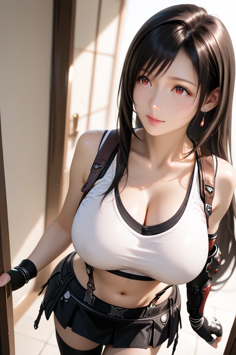 shoot from side, looking at viewer, nsfw, (((shirt lift:1.5, showing nipples))), (top quality, masterpiece), (((FF7,Tifa_lockhart))), (((suspender, tank tops, A dark-haired, length hair, elbowgloves))), ((Beautiful detailed red eyes)), (Beautiful highlights of red eyes)), Facial light, navel, High exposure, (((tight mini-skirt))), Exposure of the abdomen. ribs, abs, nsfw, shirt lift:1.5, (showing nipples), (solo), (autumn,walking, outdoor),(cute pose:1.3),Ultra-detailed face, (((FF7,Tifa_lockhart))), (black brown hair, big breast: 1.8),nsfw, (showing nipples), about 18 years old,kawaii,smile:1.1, fighting pose, nsfw, shirt lift:1.5, (showing nipples)