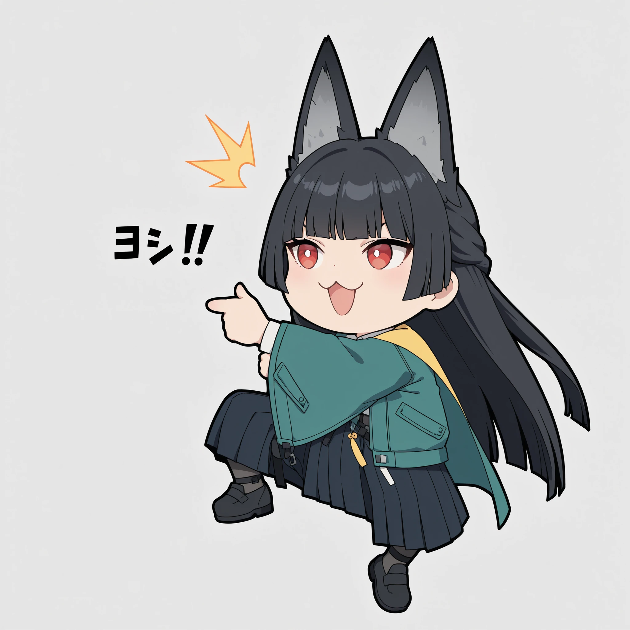 かわいいcatの, genba _cat,chibi, Pointing, standing on one leg, :3, Open Mouth, meme, parody in hin, Simple Background, white background, full body, (hoshimi miyabi, black hair , Bang , long hair ,Red Eyes , white eyes , Green Cape Jacket , White Shirt ), 4K high definition, bright color彩, best quality, 4K, masterpiece, Ultra Fine, Studio Lighting, ultra fine paint, bright color, Clear Focus, Ultra Detailed , Professional, HDR, super high resolution, bokeh effect , Accident scene,