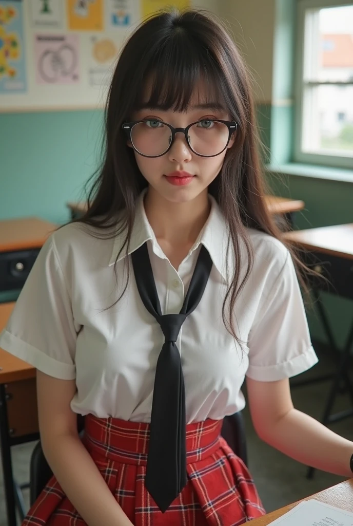 Best quality: 1.4, high resolution, perfect lighting, 1 girl, big breasts, glasses, double knot, Cardigan, overly long sleeves, (school uniform1.2), sitting, bare legs, classroom