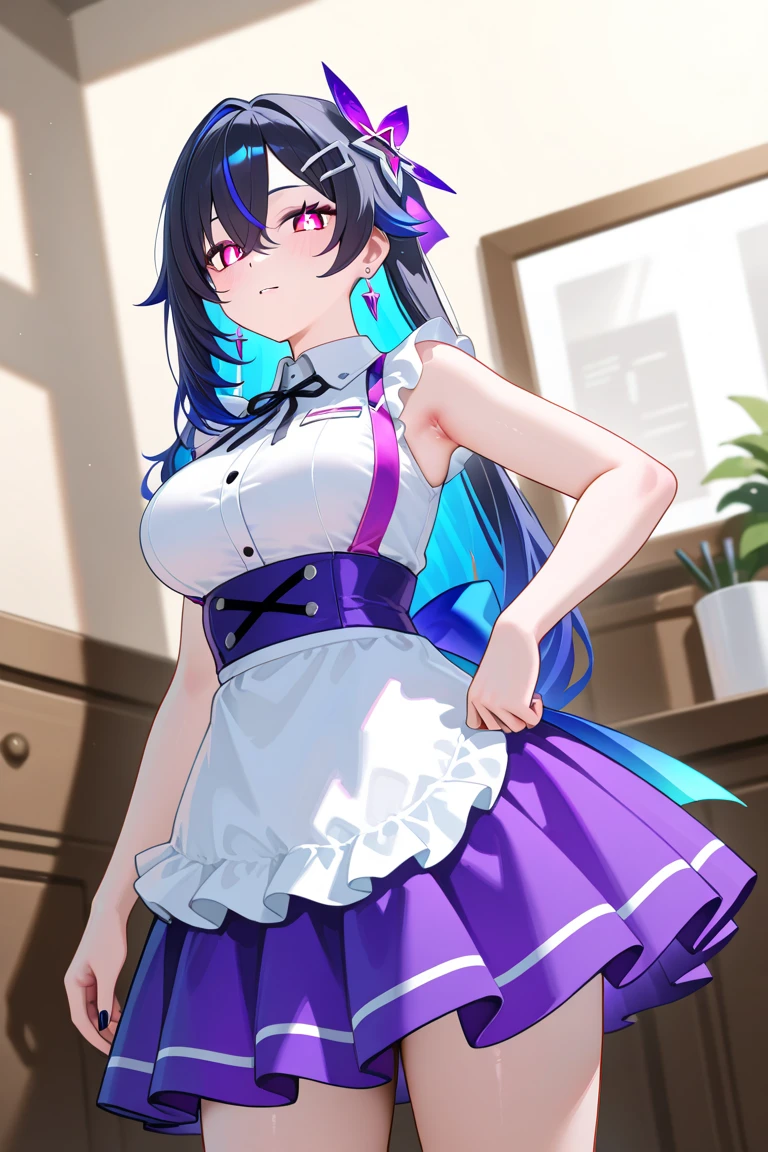 serika_bluearchive,cat ears,looking at viewer, little smile,white naked apron, slim, dizzy, big-chest, wide hips, perfect waist, day atmosphere, hair ornament